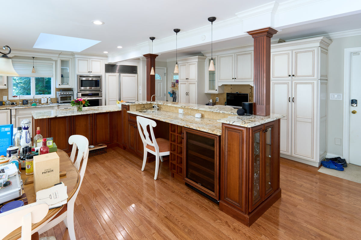 "The Chester" Traditional White Kitchen with Island, Desk Area & Appliances
