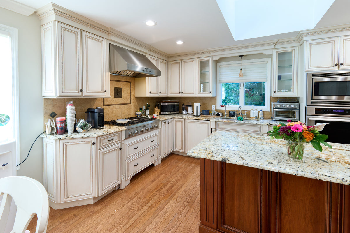 "The Chester" Traditional White Kitchen with Island, Desk Area & Appliances