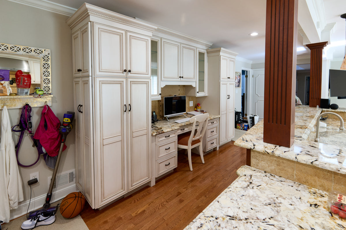 "The Chester" Traditional White Kitchen with Island, Desk Area & Appliances