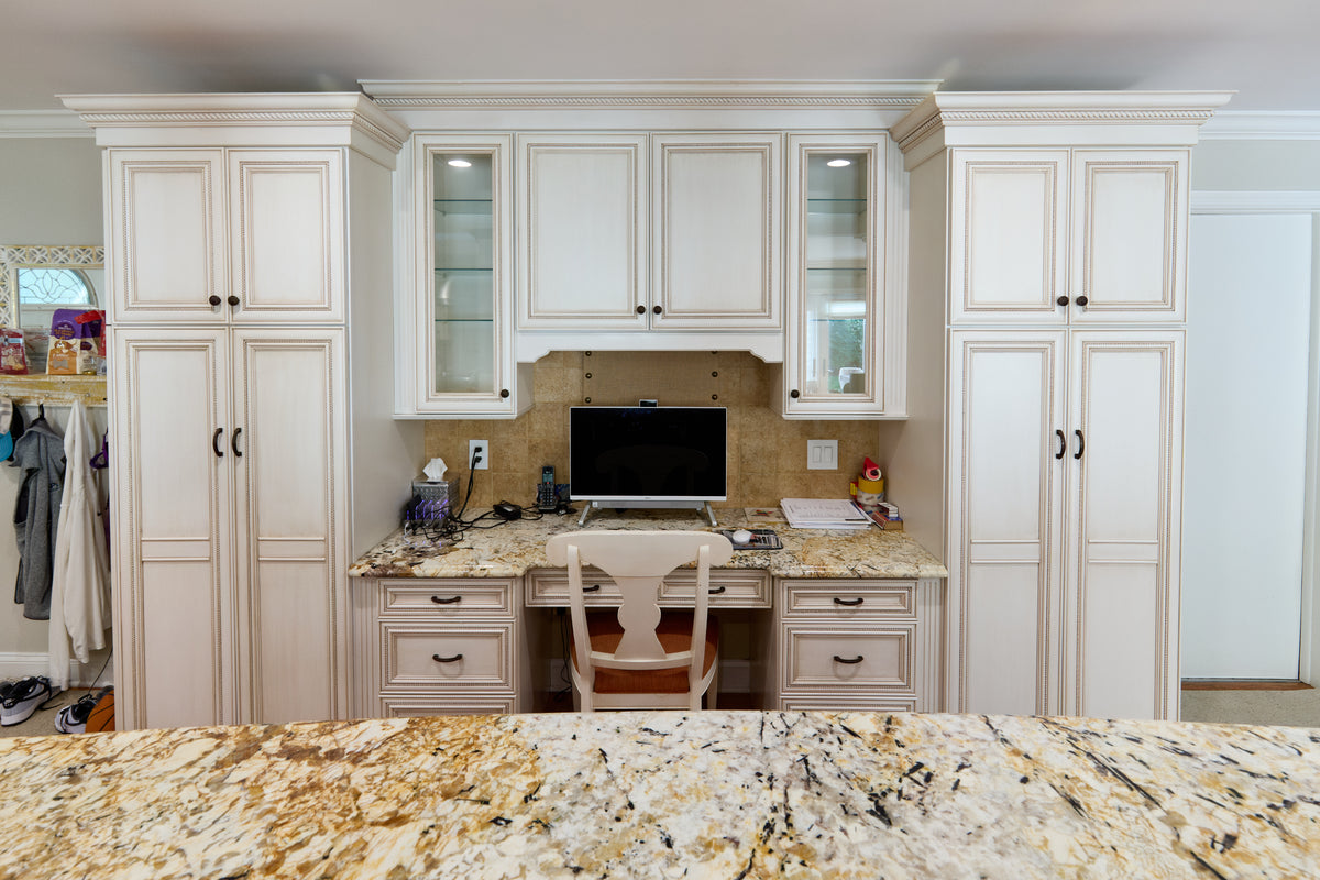"The Chester" Traditional White Kitchen with Island, Desk Area & Appliances