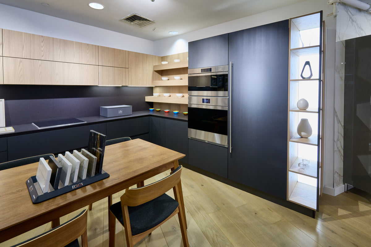 Hans Krug Modern Grey & Oak Veneer Kitchen Corner with Wolf Appliances