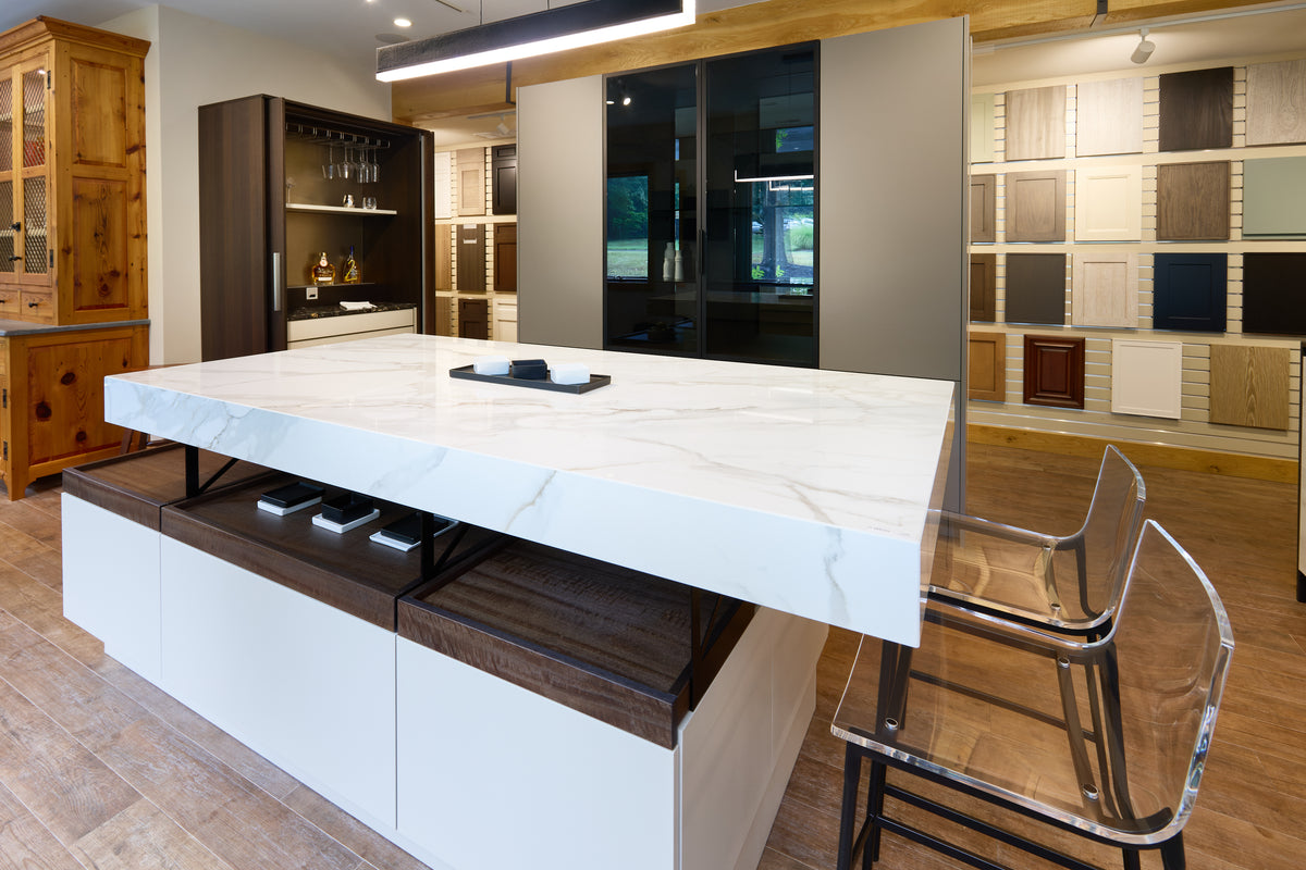Luxury European showroom display architectural kitchen with quartz counter
