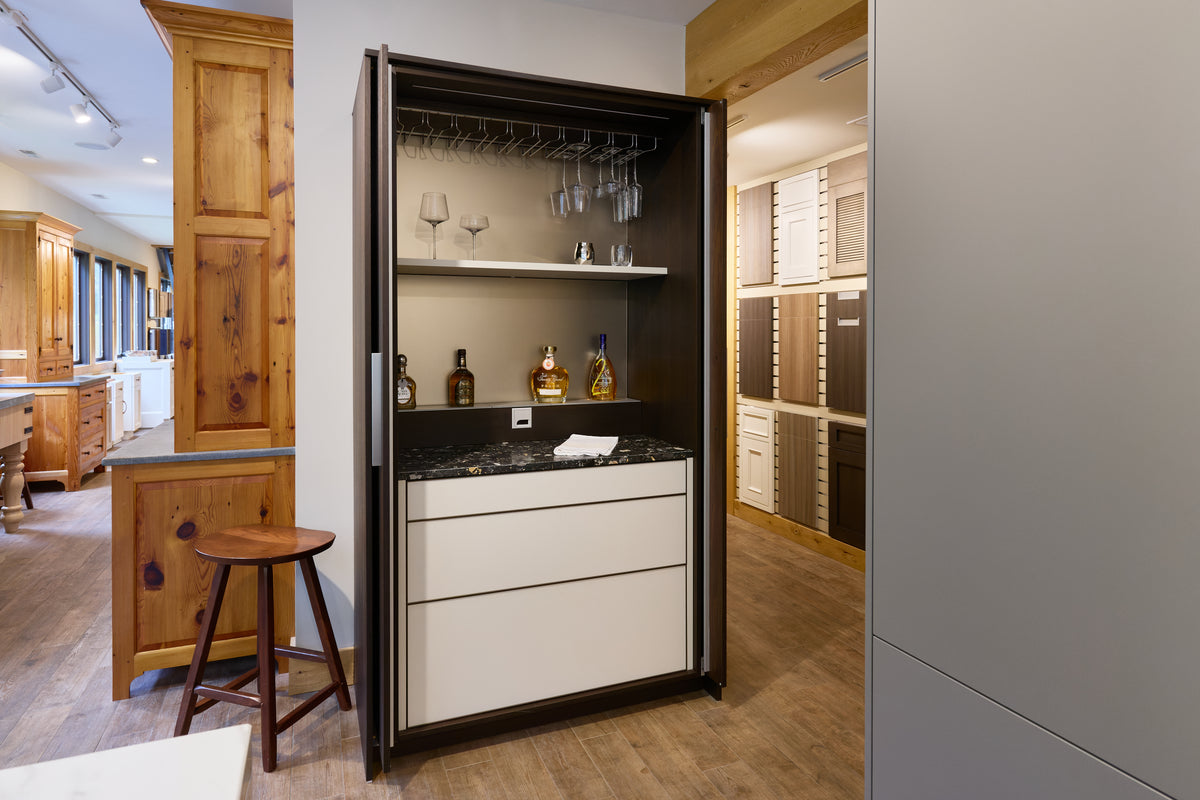 High-end German engineered kitchen cabinets in matte lacquer and eucalyptus wood