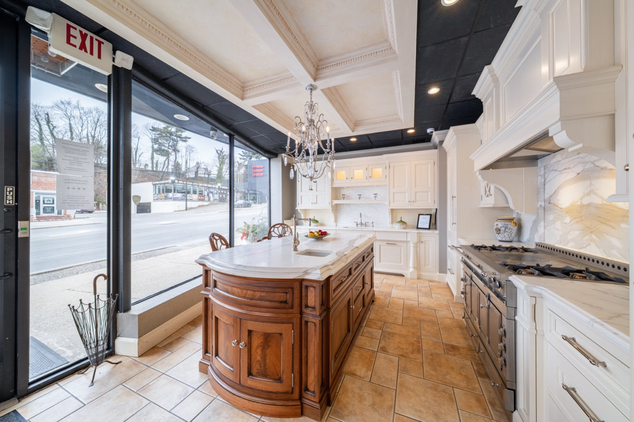 Showcase Transitional White Kitchen with Marble Countertops and La Cornue Chateau 120 Range with French Top