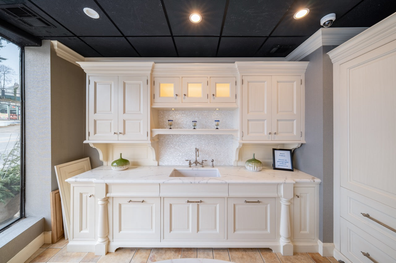 Showcase Transitional White Kitchen with Marble Countertops and La Cornue Chateau 120 Range with French Top