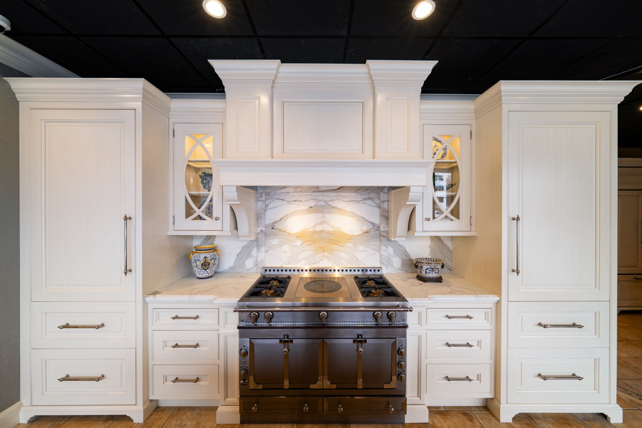 Showcase Transitional White Kitchen with Marble Countertops and La Cornue Chateau 120 Range with French Top