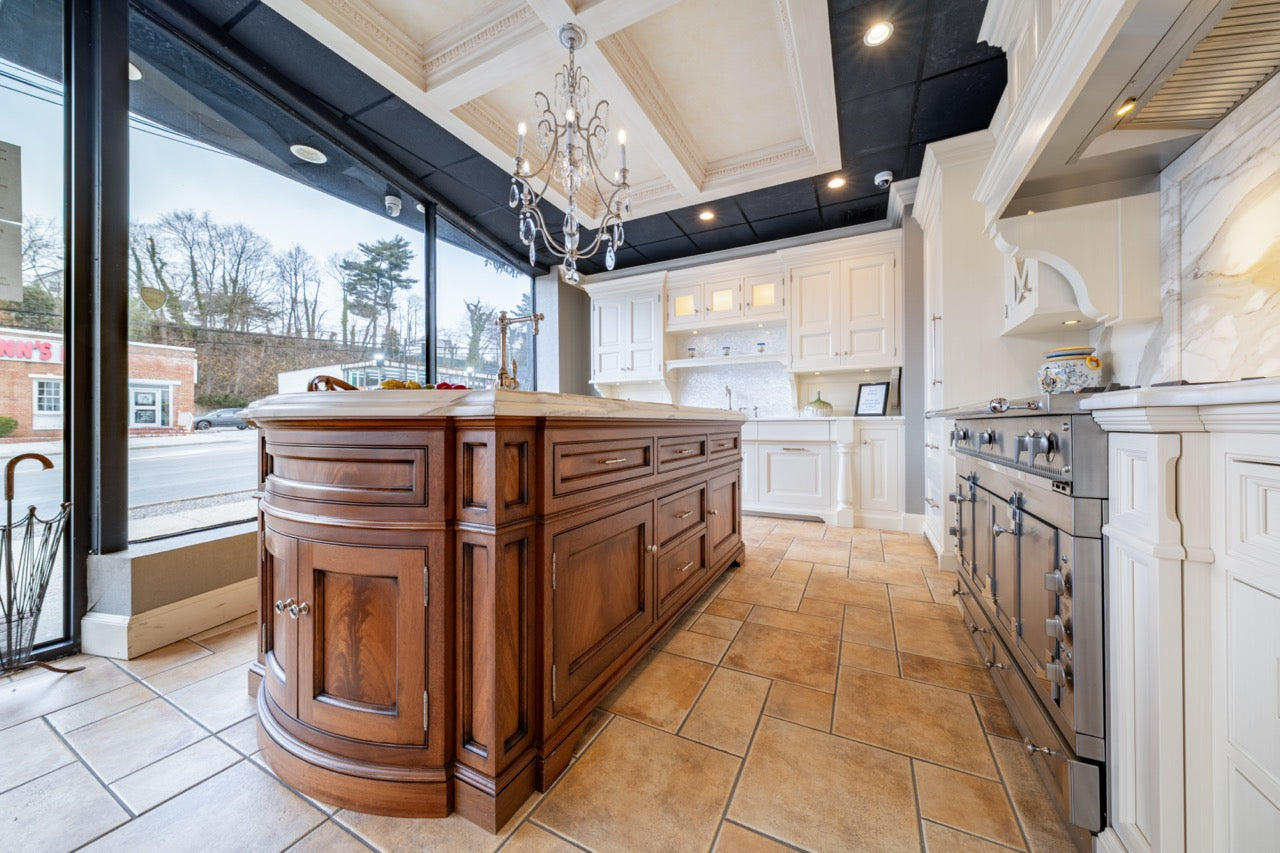 Showcase Transitional White Kitchen with Marble Countertops and La Cornue Chateau 120 Range with French Top