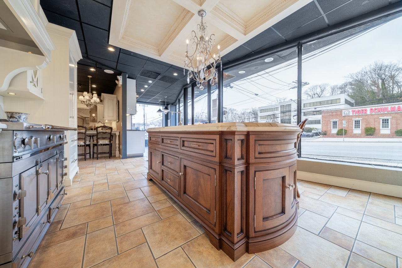 Showcase Transitional White Kitchen with Marble Countertops and La Cornue Chateau 120 Range with French Top