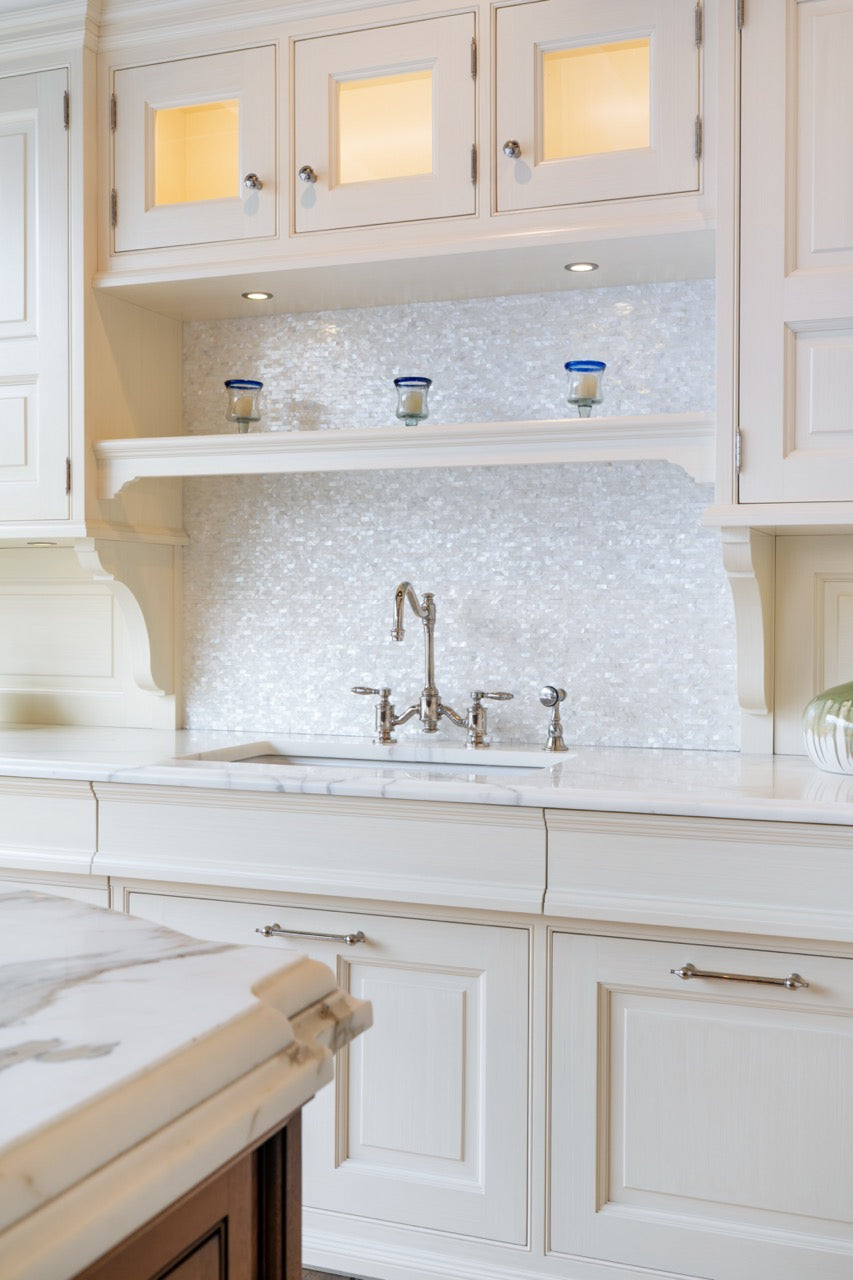 Showcase Transitional White Kitchen with Marble Countertops and La Cornue Chateau 120 Range with French Top