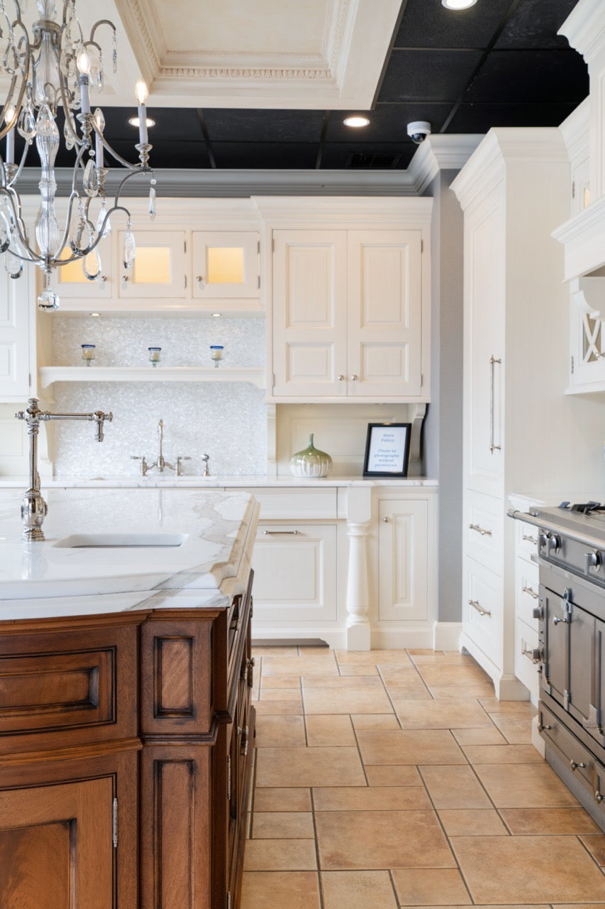 Showcase Transitional White Kitchen with Marble Countertops and La Cornue Chateau 120 Range with French Top