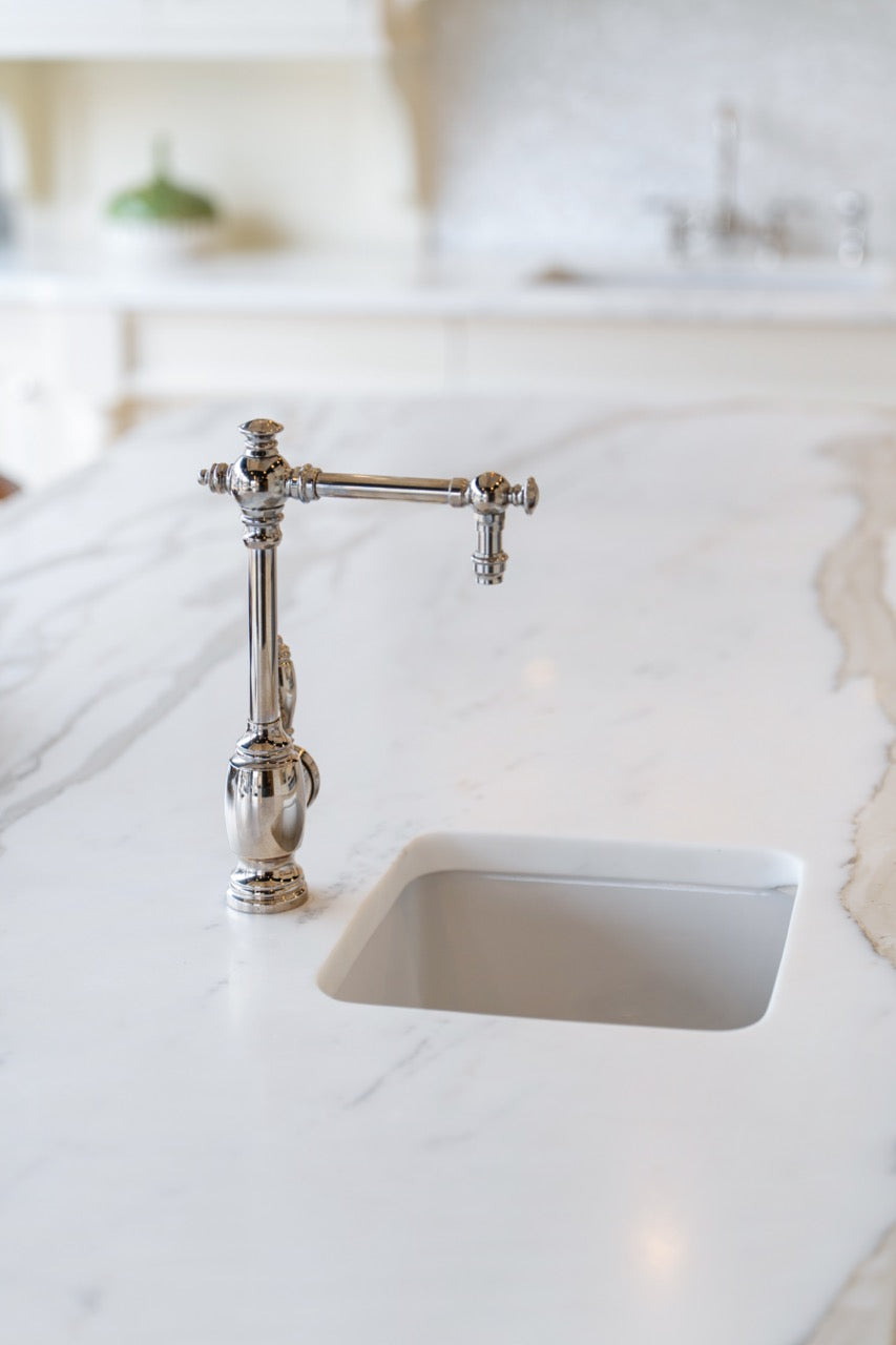 Showcase Transitional White Kitchen with Marble Countertops and La Cornue Chateau 120 Range with French Top