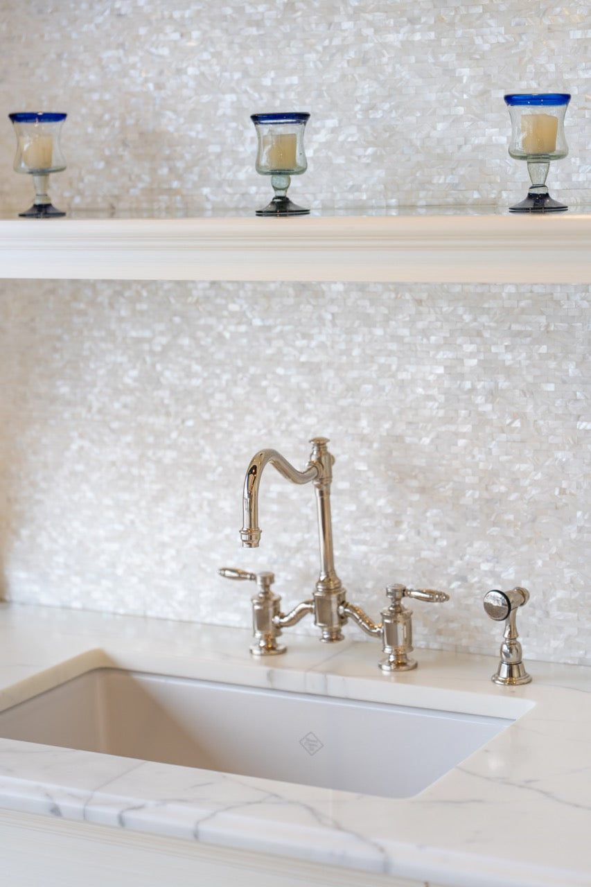 Showcase Transitional White Kitchen with Marble Countertops and La Cornue Chateau 120 Range with French Top