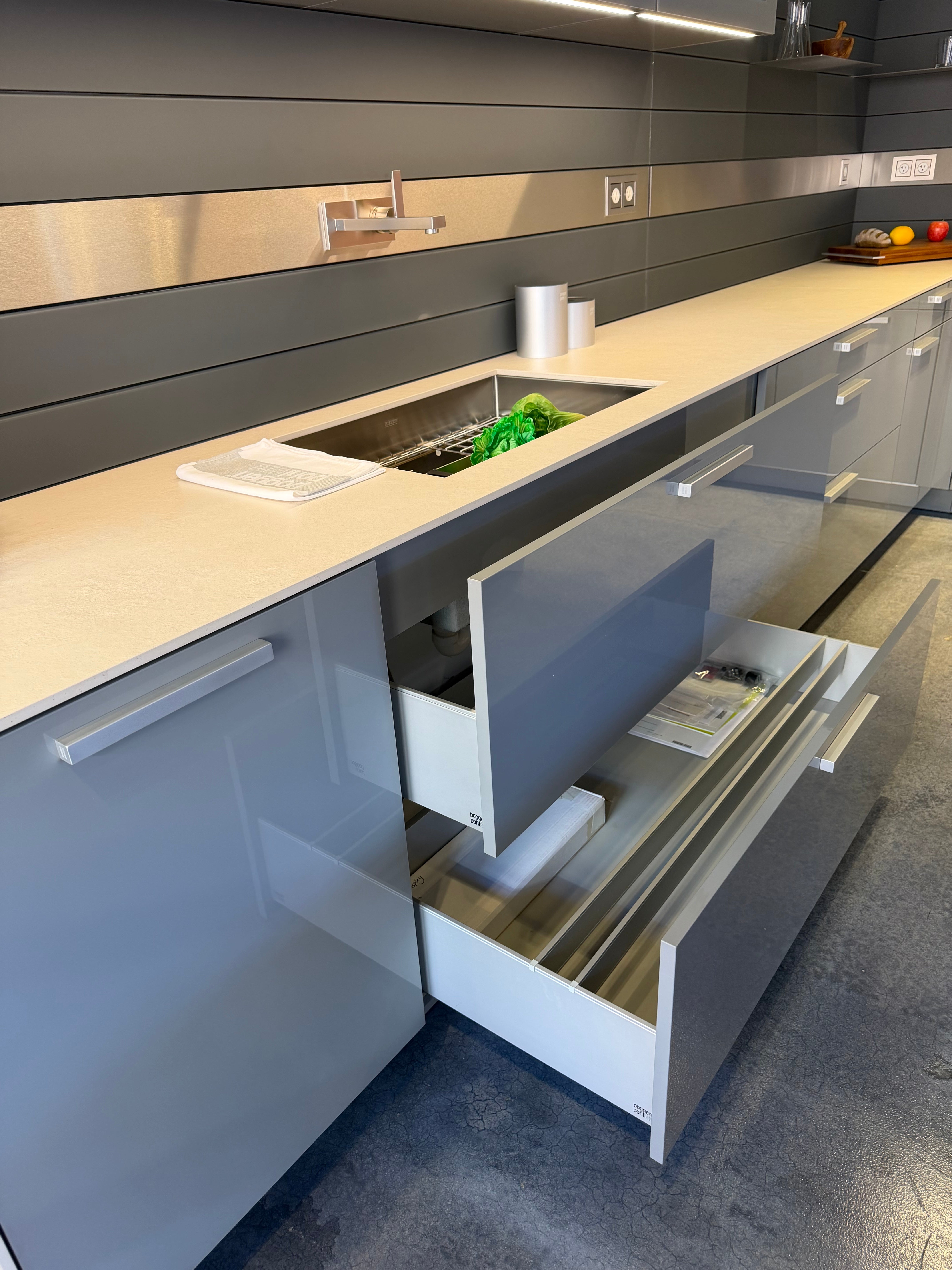 Poggenpohl Artesio Modern Grey and Wood Veneer Kitchen with Island and Wolf & Sub-Zero Appliances