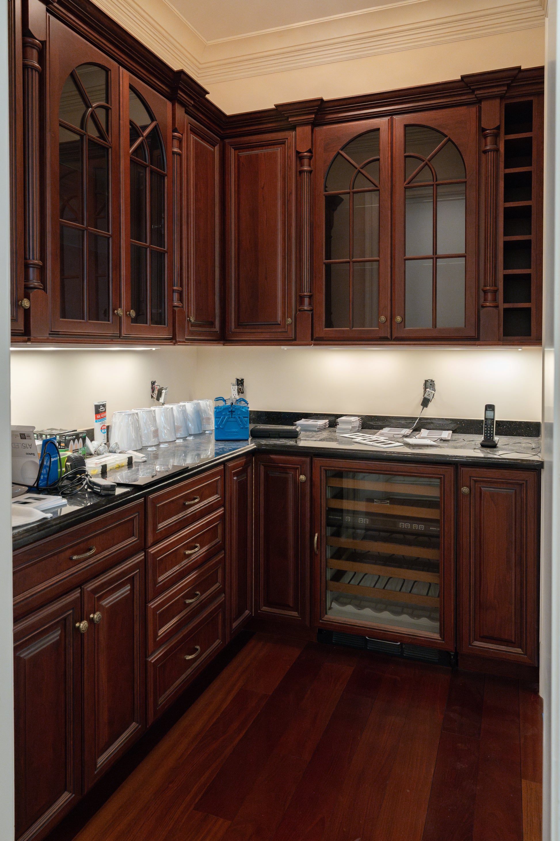 The Chatsworth traditional mahogany stained wood butlers pantry cabinetry suite front view