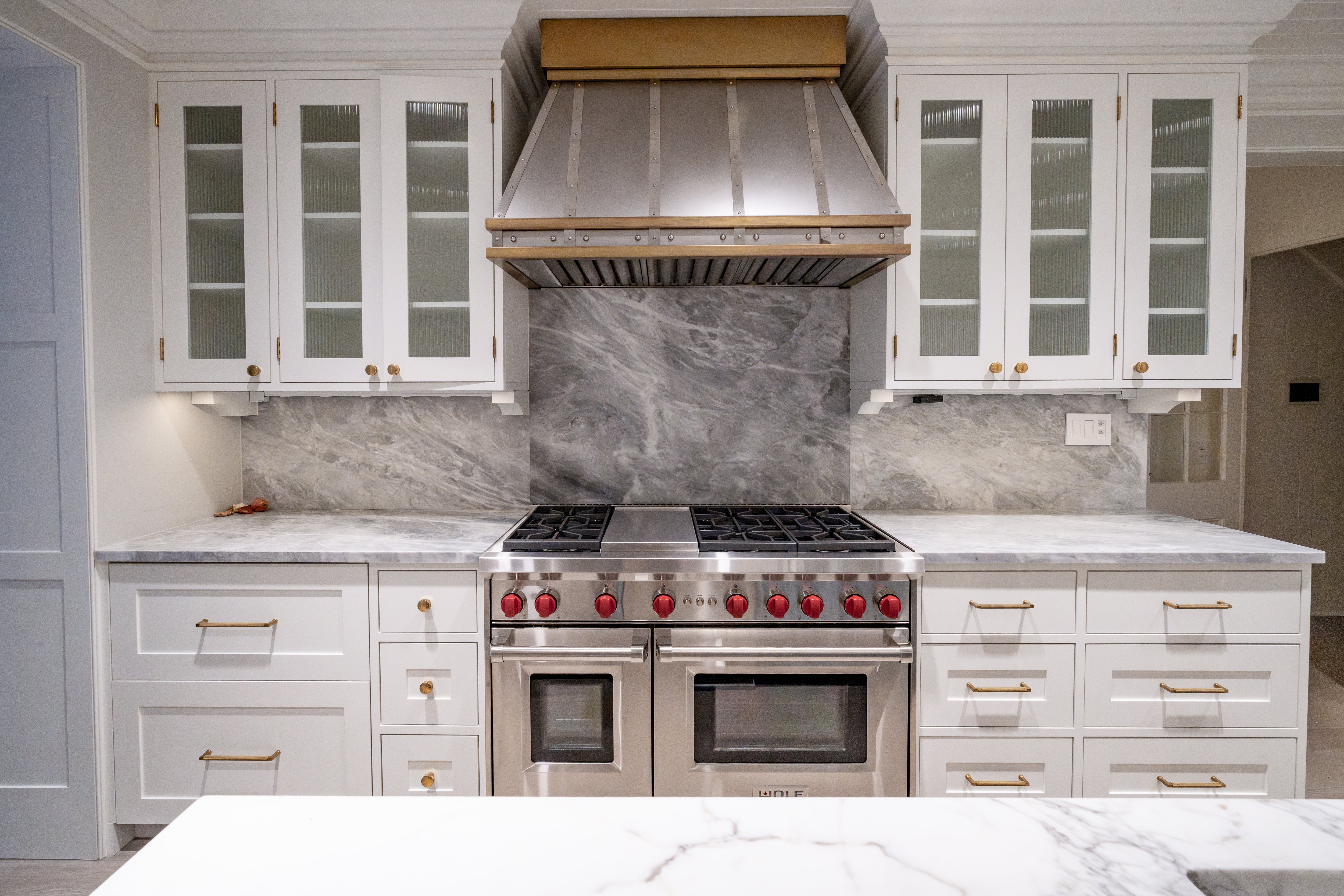 "The Windermere" Transitional White Kitchen with Island & Sub-Zero 648PROG