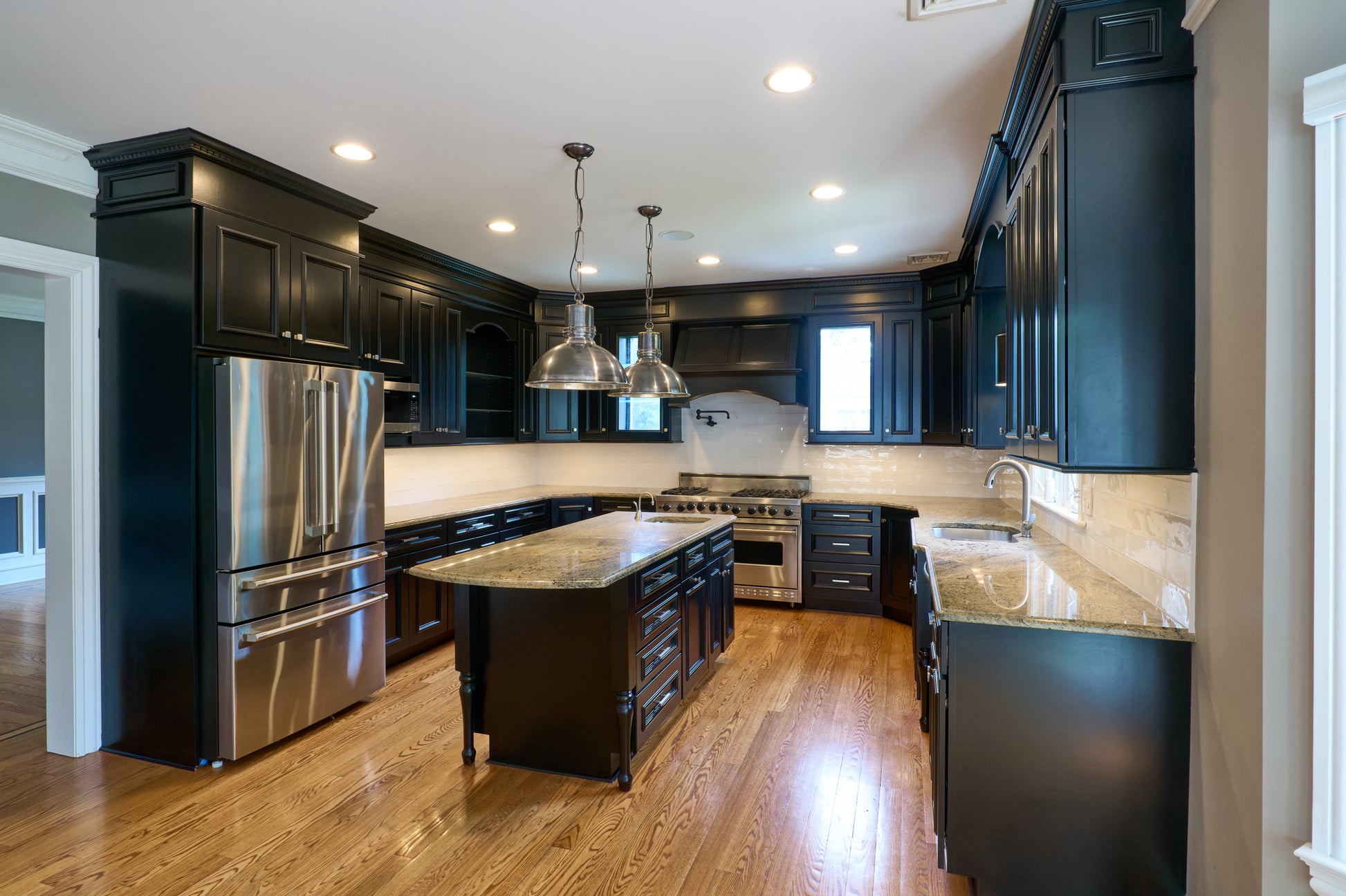 "The Onyx" Transitional Jet Black Kitchen with Island & Appliances