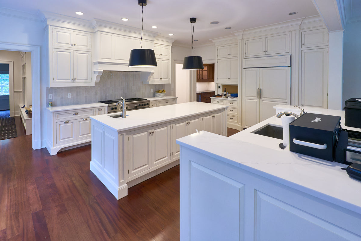"The Sovereign" Transitional White Kitchen with Double Island & Wolf 48" Range