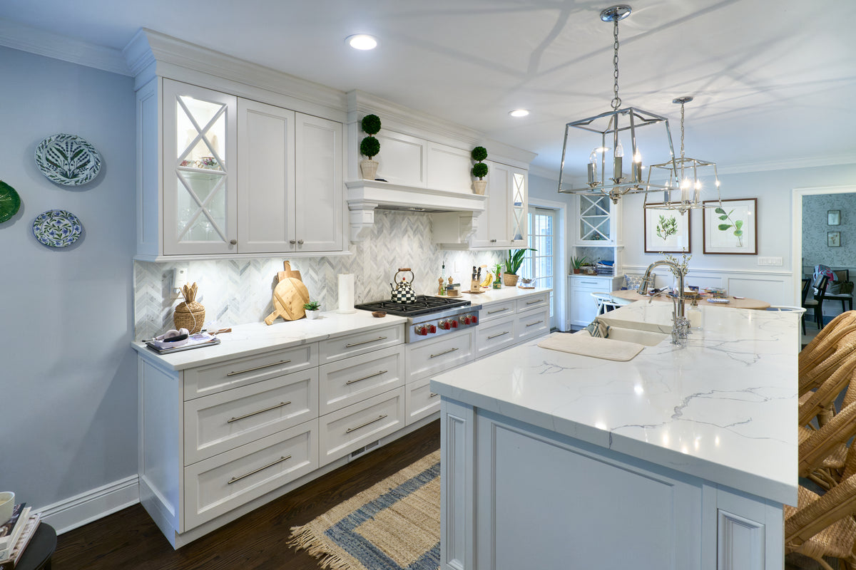 "The Claridge" Transitional White Kitchen with Island & Wolf Appliances