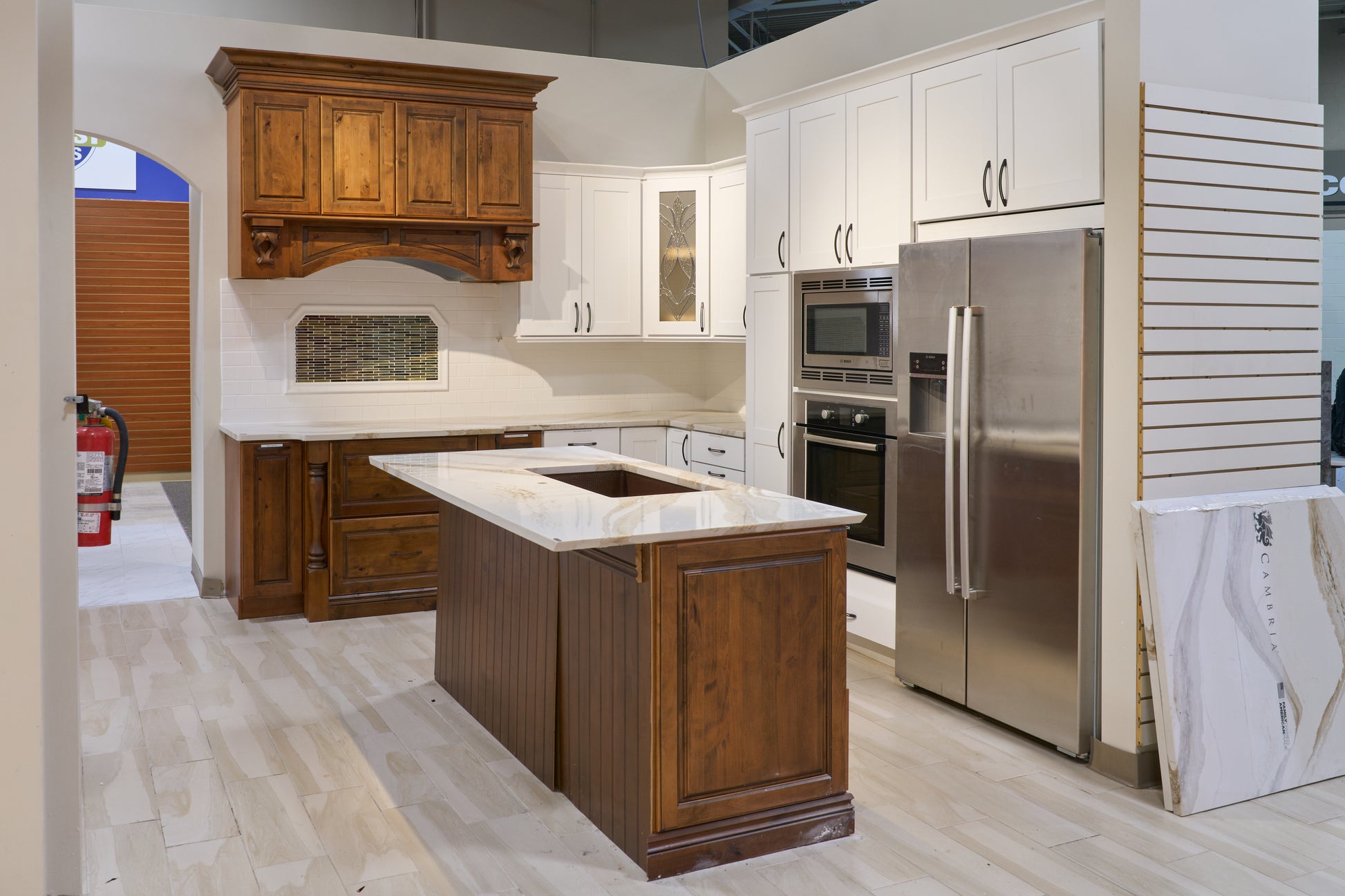 "The Brentwood" Transitional White & Wood Kitchen with Island & Appliances