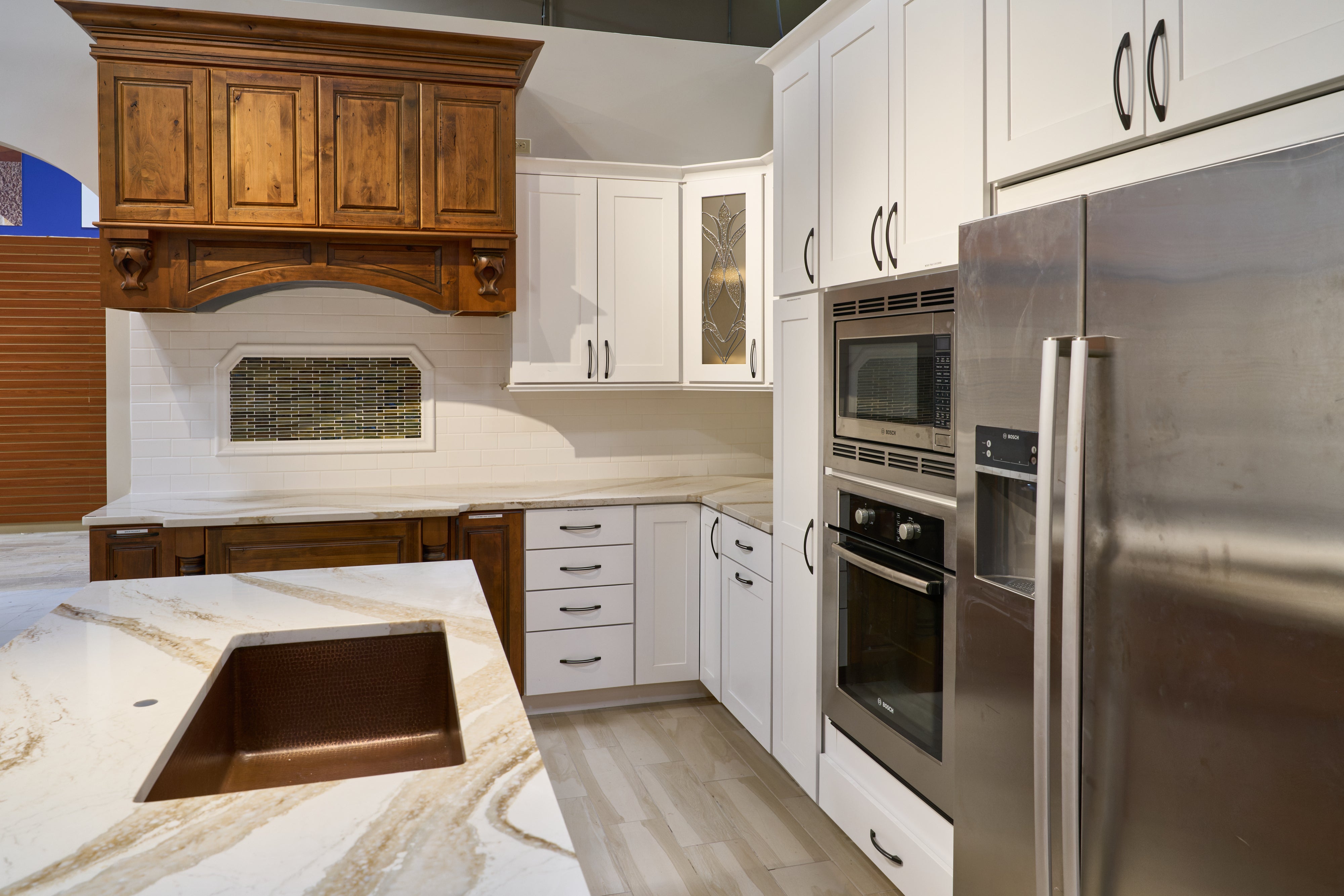"The Brentwood" Transitional White & Wood Kitchen with Island & Appliances