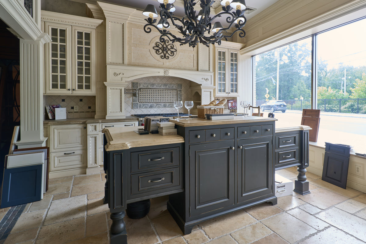 Wood Mode cream froth traditional kitchen cabinetry and central island setup