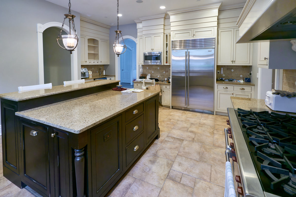 Omega Transitional Linen White Kitchen with Black Island