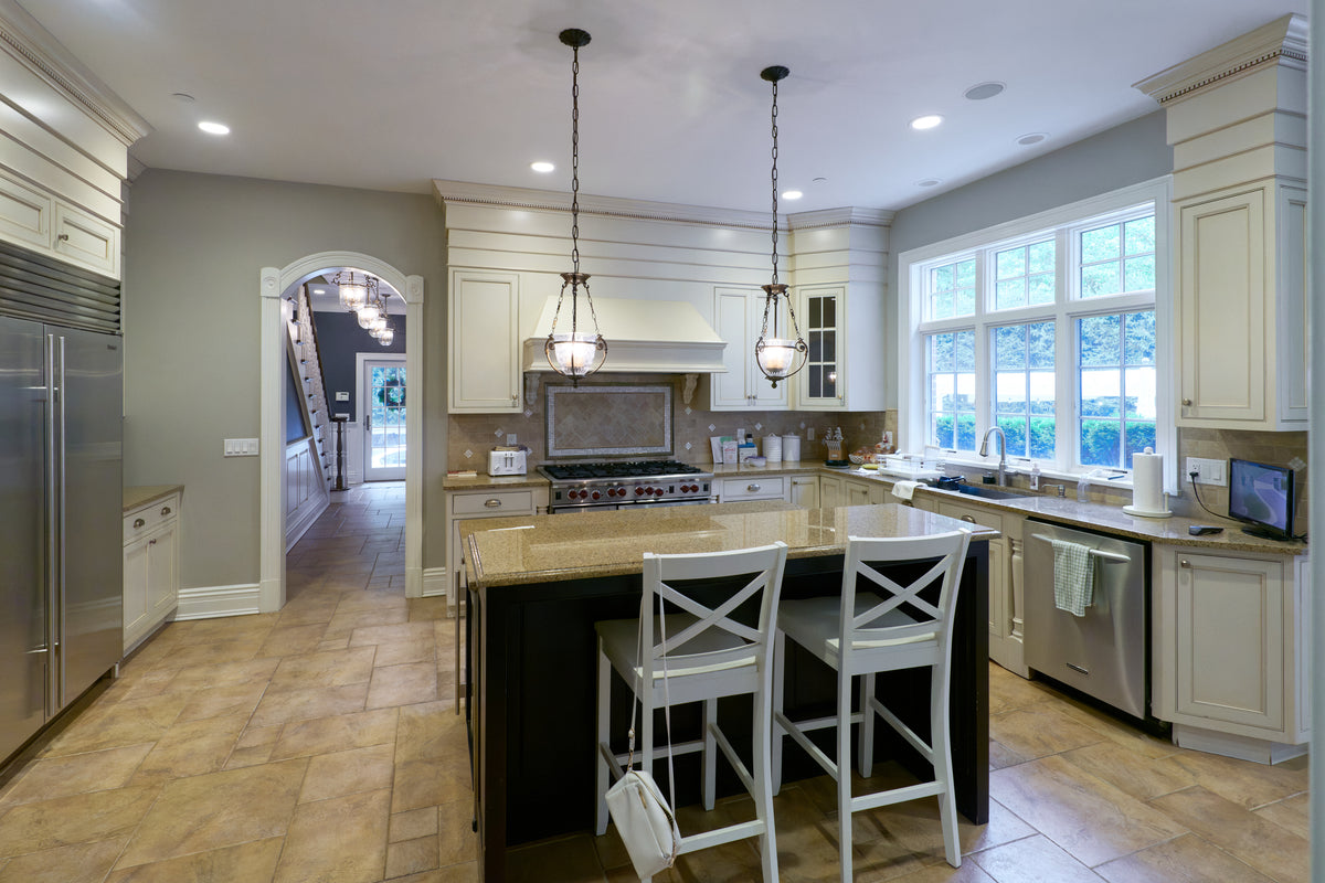Omega Transitional Linen White Kitchen with Black Island