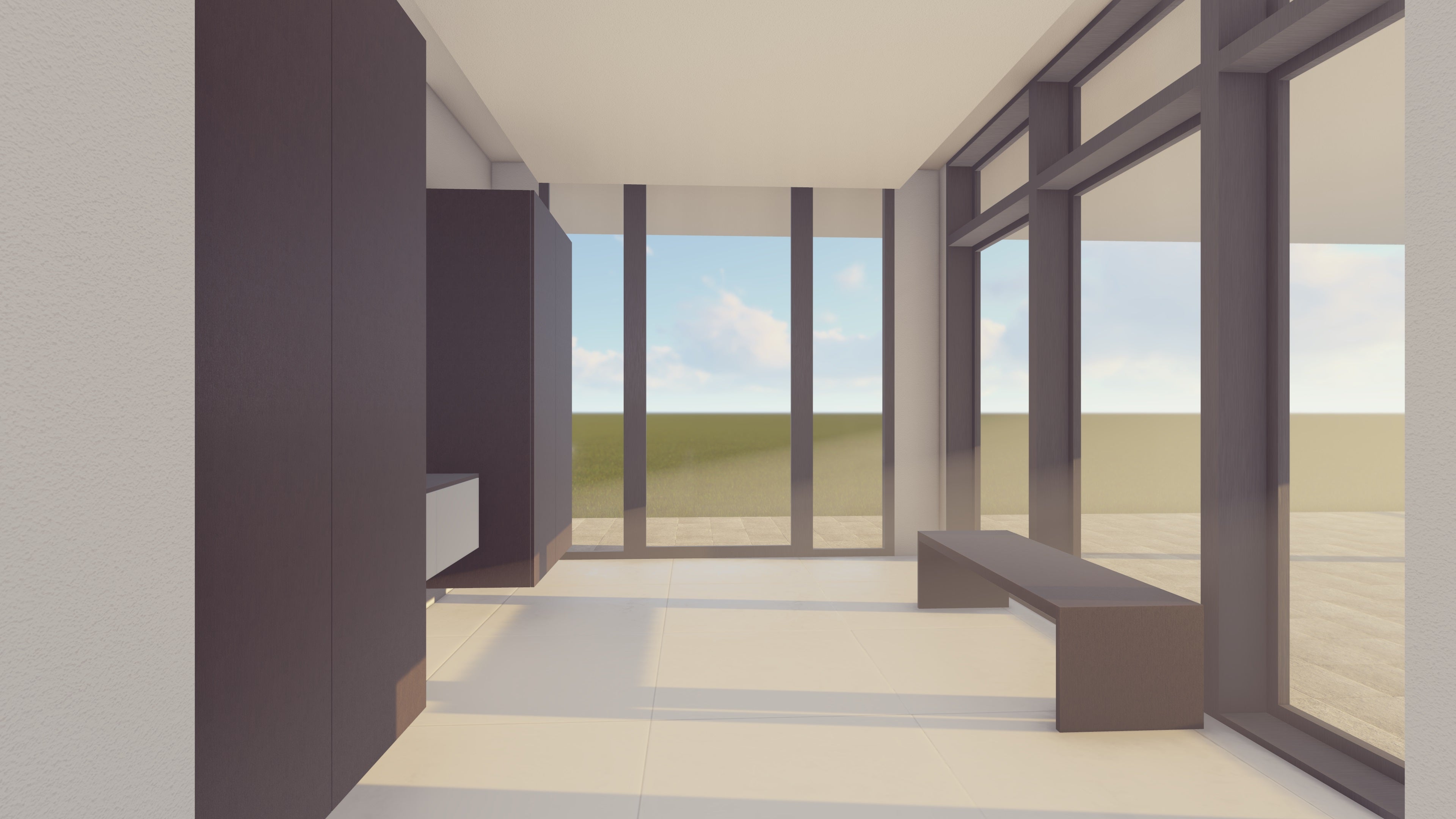 Poggenpohl Modern Bronze Matte Glass and Pine Terra Veneer Floating Entry Cabinetry