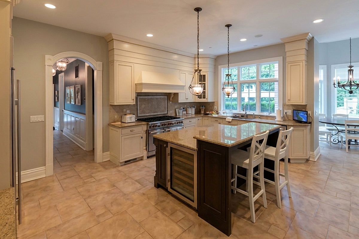 Omega Transitional Linen White Kitchen with Black Island