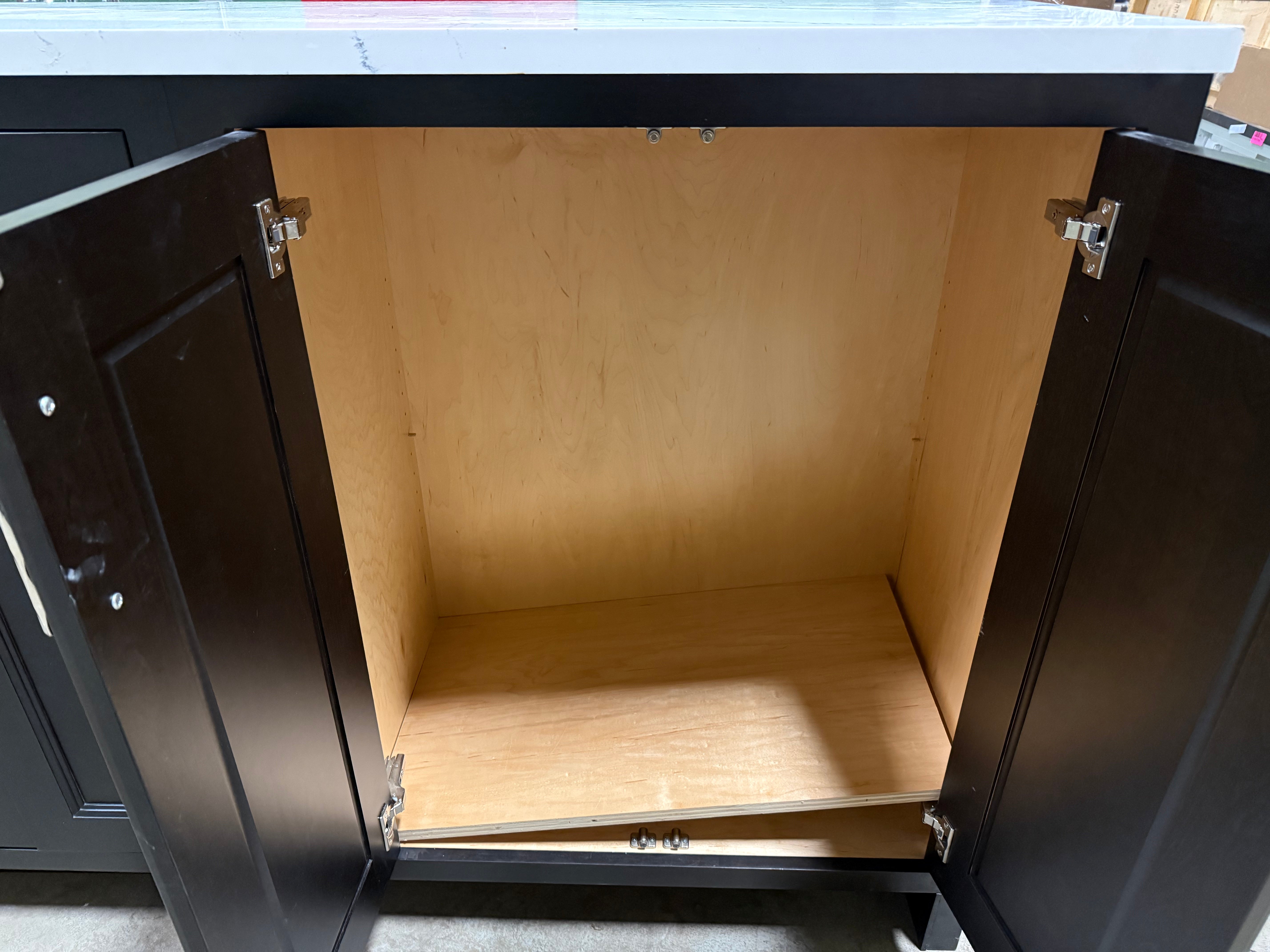 Open cabinet with wooden interior and metal frame