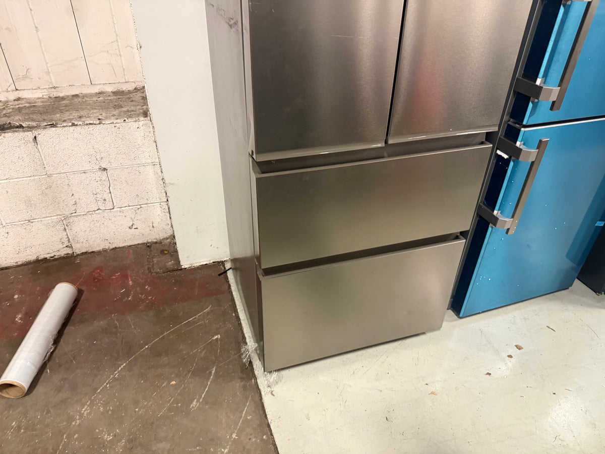 Modern narrow-profile multi-door refrigerator with fingerprint resistant stainless finish