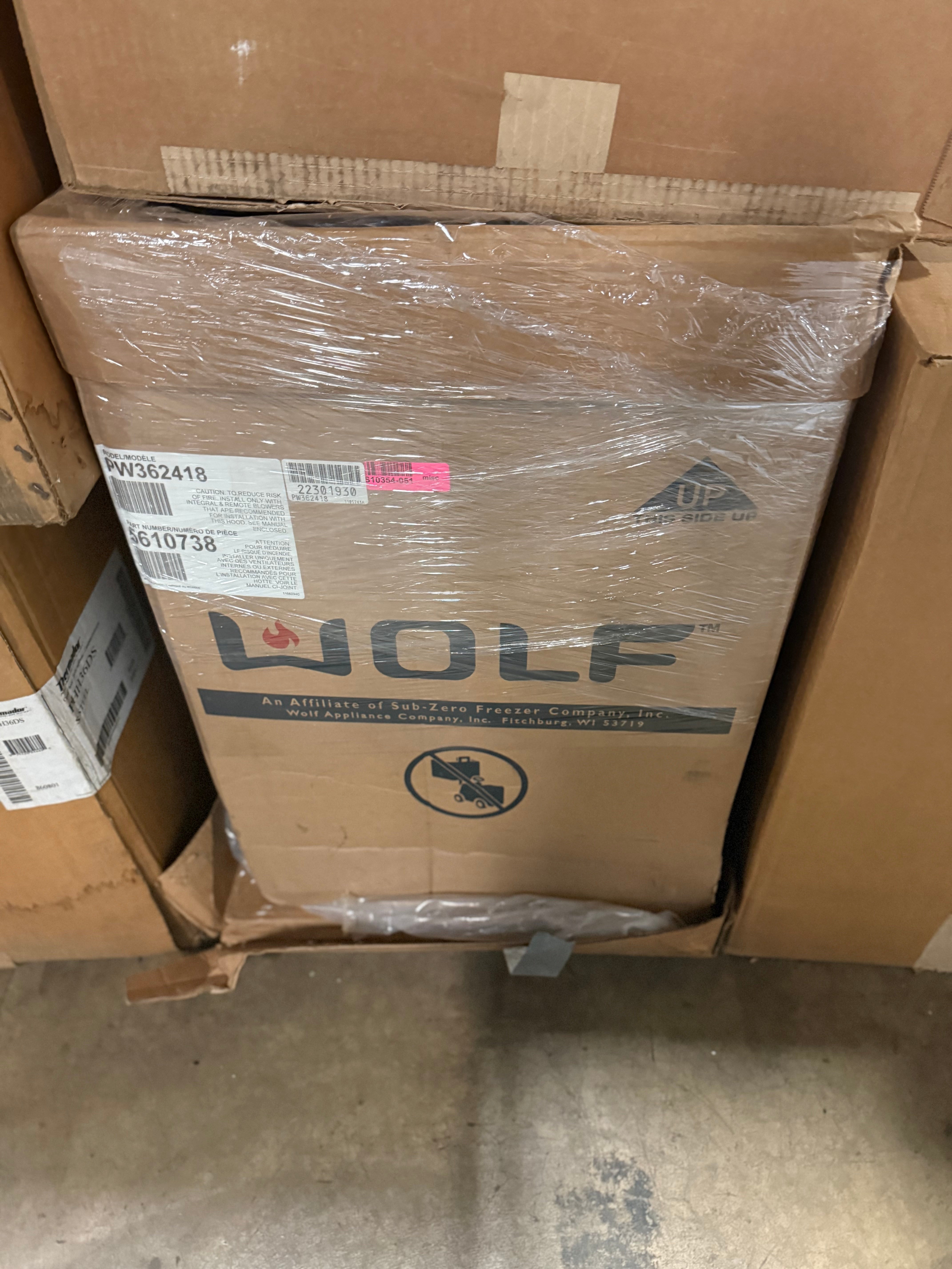 Wolf PW362418 36 inch pro wall hood front view commercial stainless steel canopy
