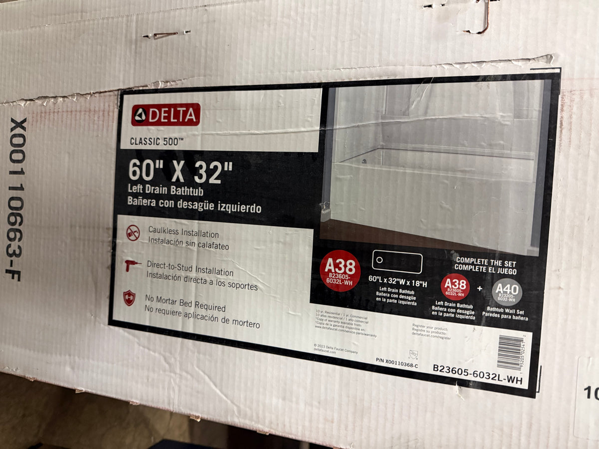 White high gloss 60 inch acrylic soaking tub with left hand drain Delta