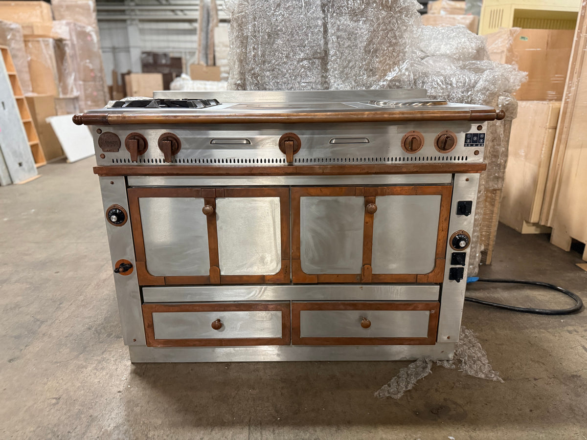 La Cornue Chateau 120 48 inch dual fuel range with polished copper trim