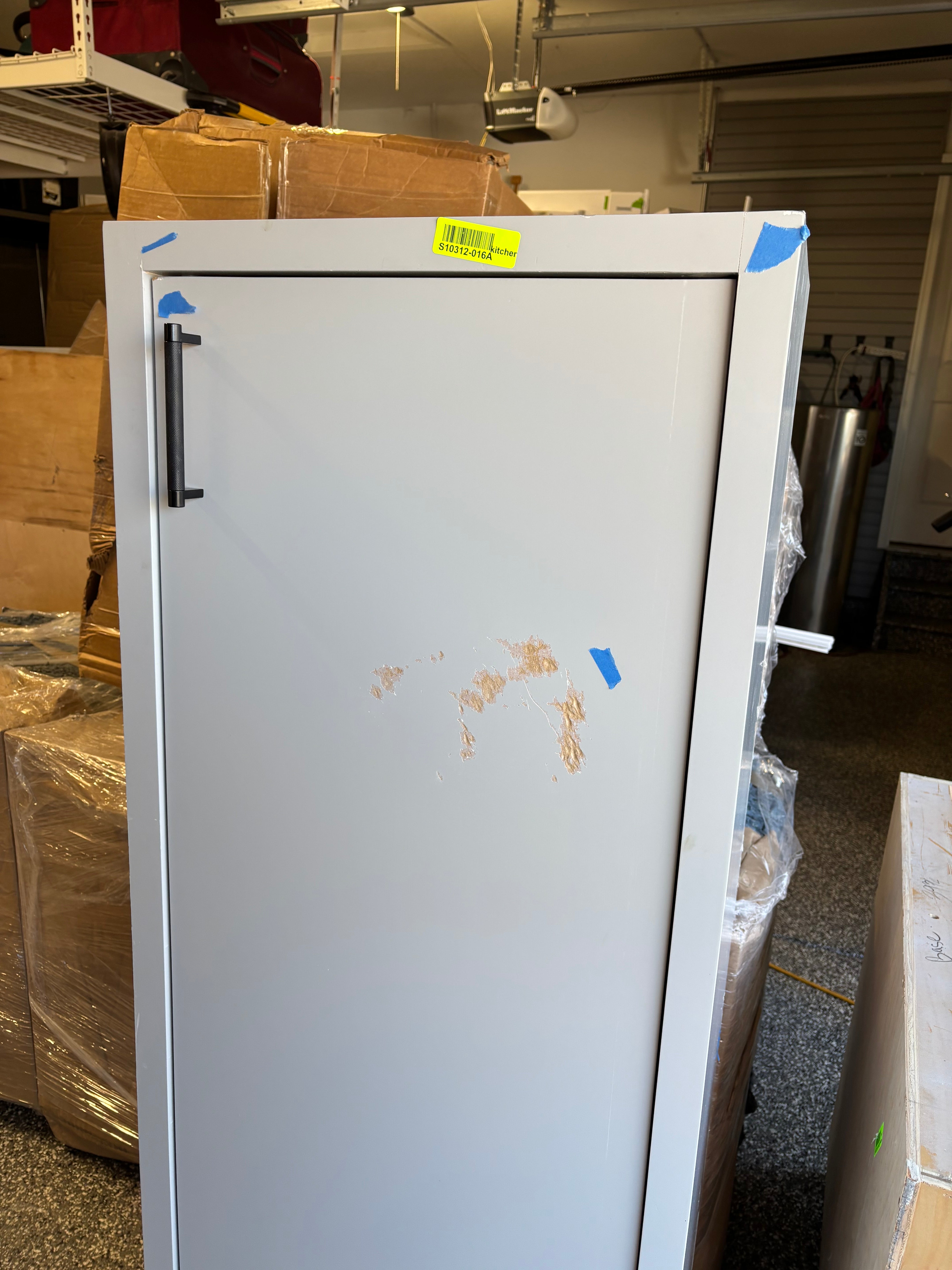Custom Modern Light Grey Pantry with White Stone Countertops and Stainless Steel Sink