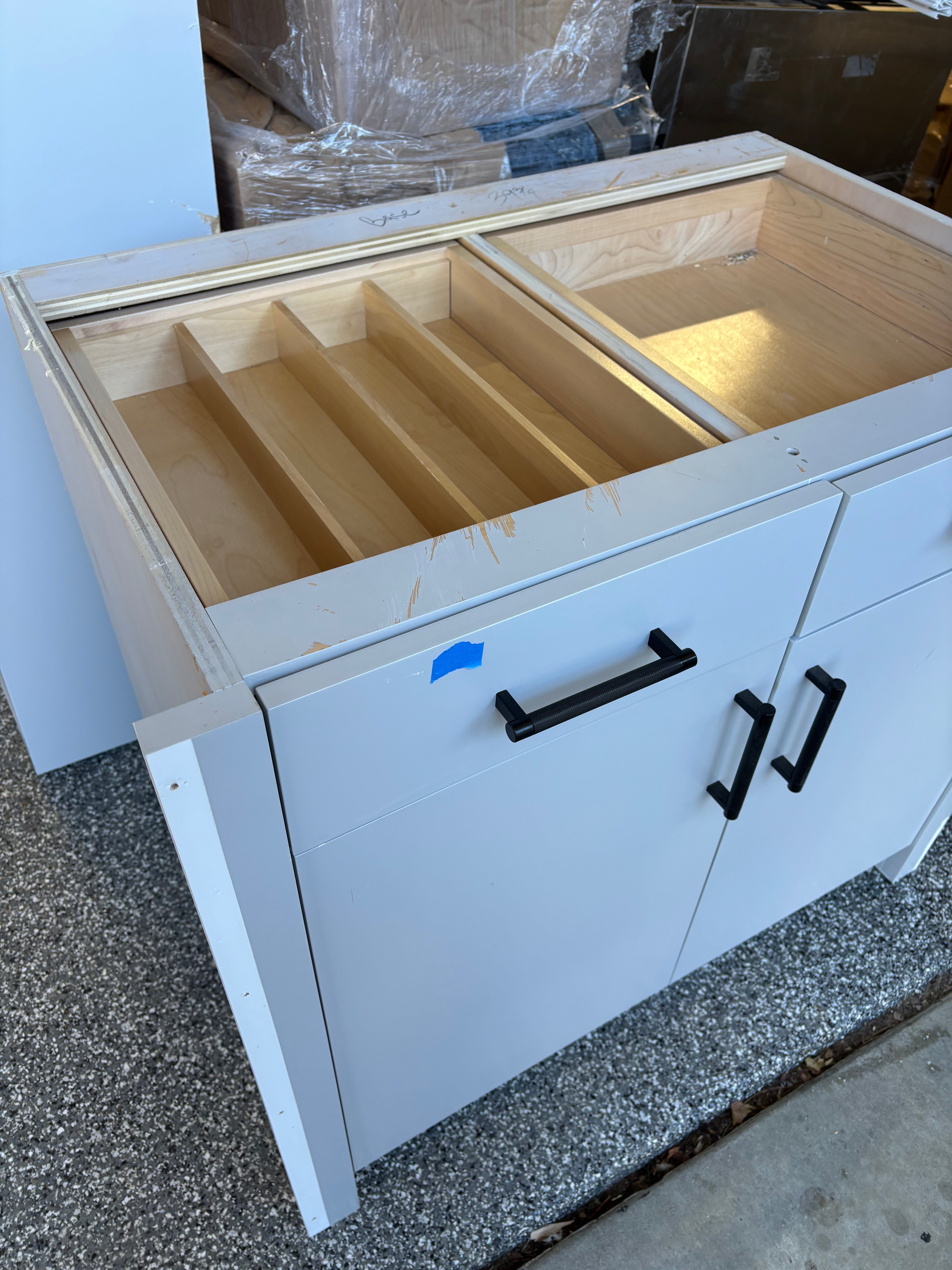 Custom Modern Light Grey Pantry with White Stone Countertops and Stainless Steel Sink