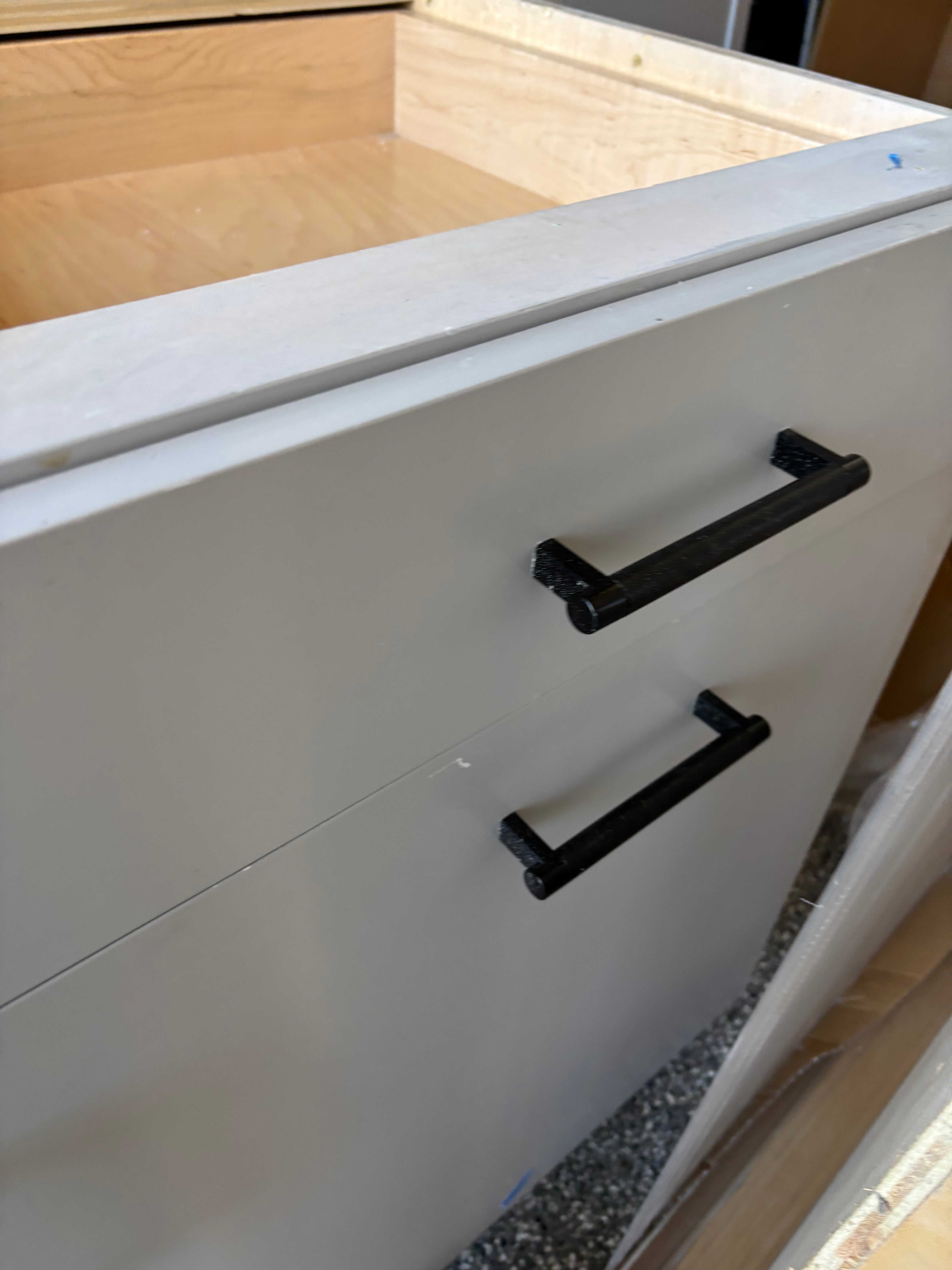 Custom Modern Light Grey Pantry with White Stone Countertops and Stainless Steel Sink