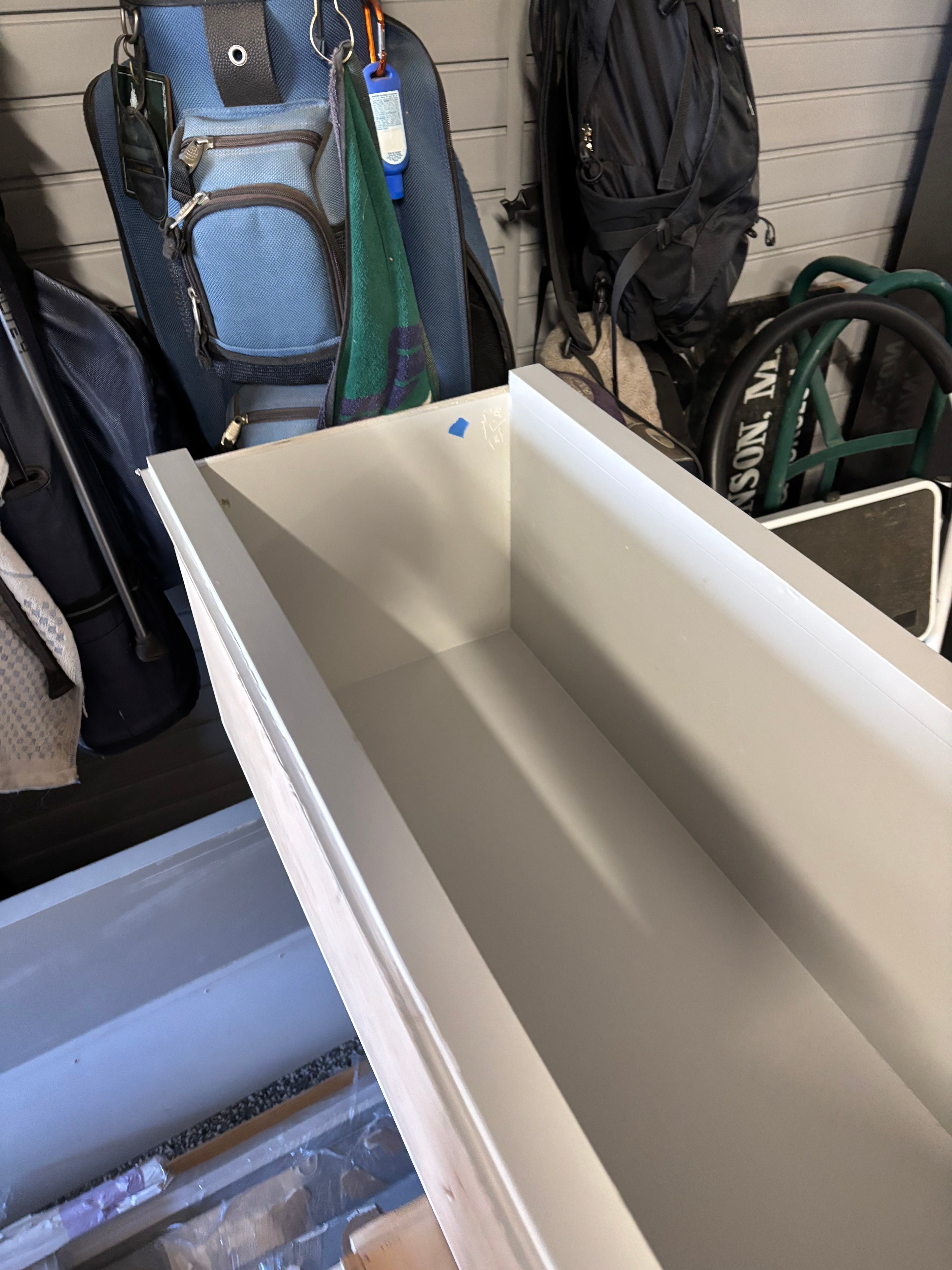 Custom Modern Light Grey Pantry with White Stone Countertops and Stainless Steel Sink