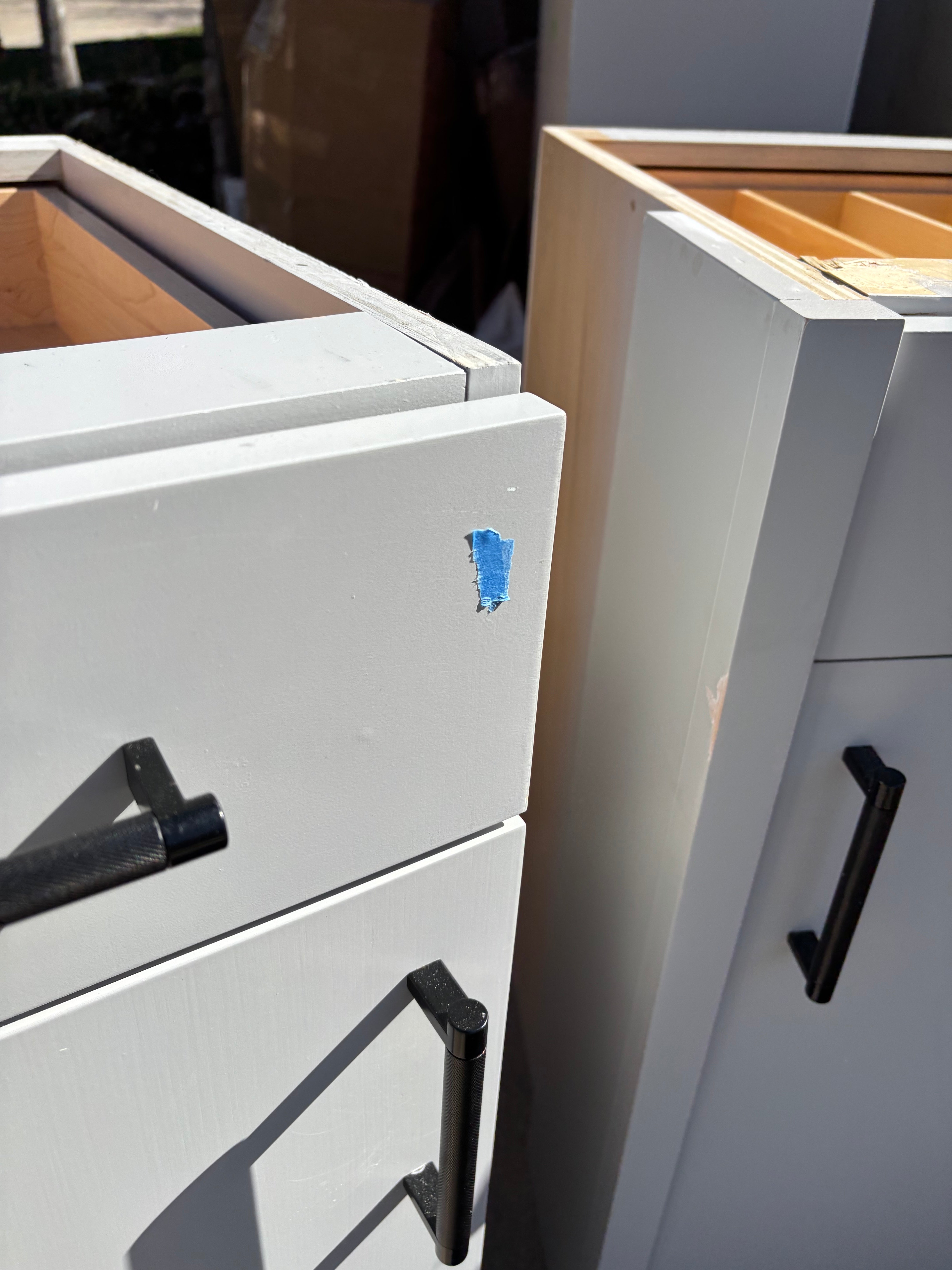 Custom Modern Light Grey Pantry with White Stone Countertops and Stainless Steel Sink