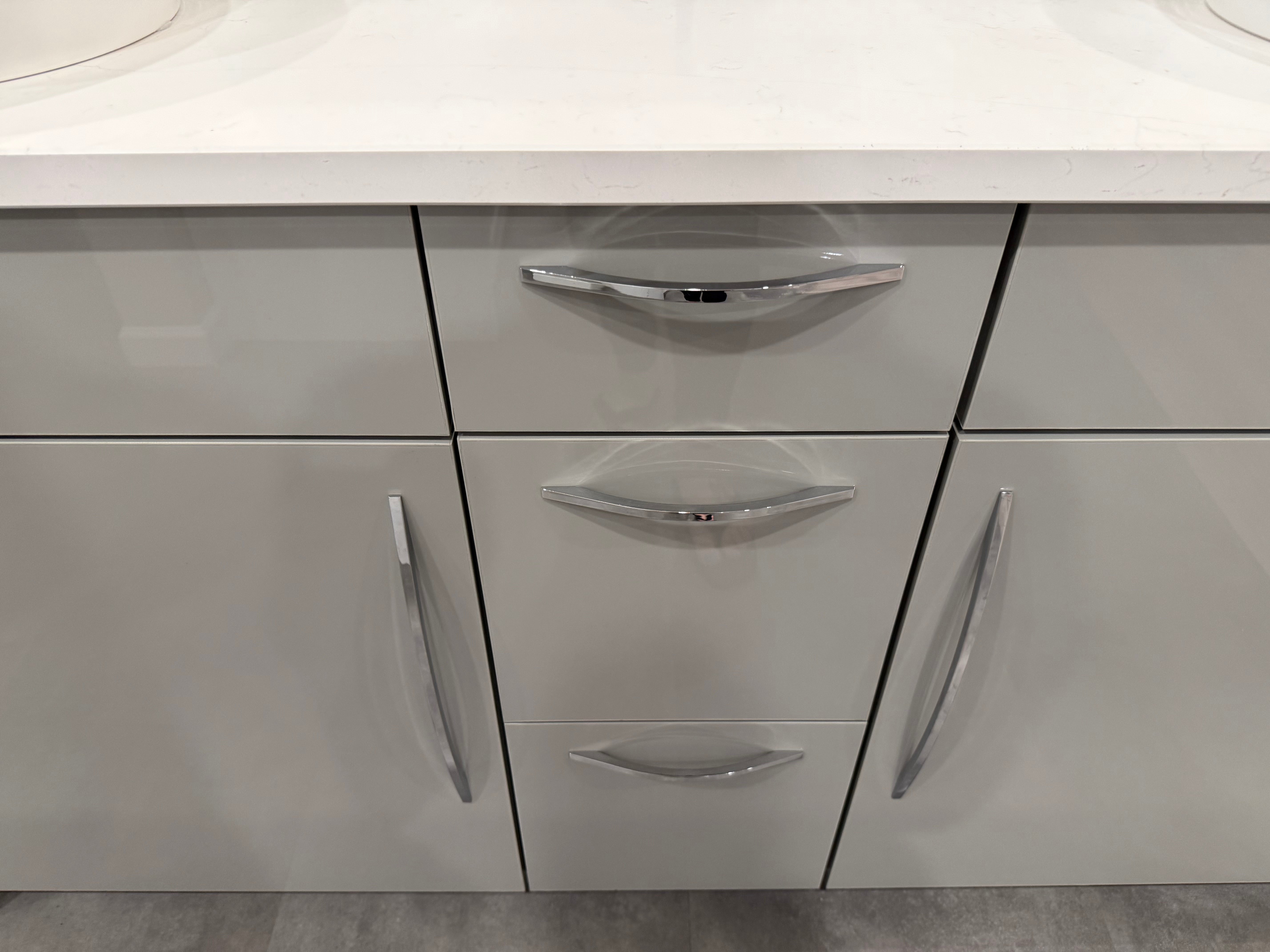 Grey Slab Double Vanity with Two Mirror Cabinets