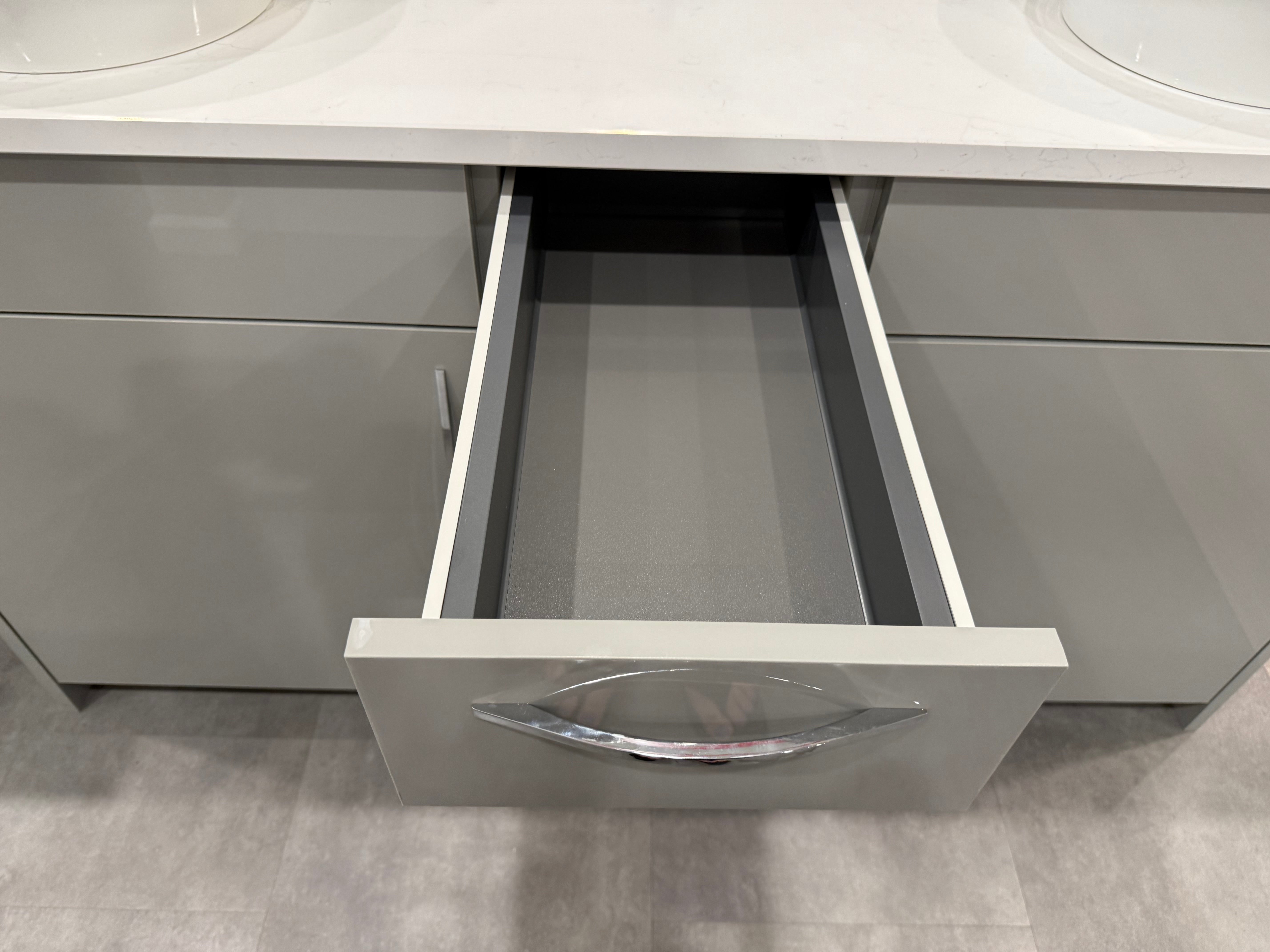 Grey Slab Double Vanity with Two Mirror Cabinets
