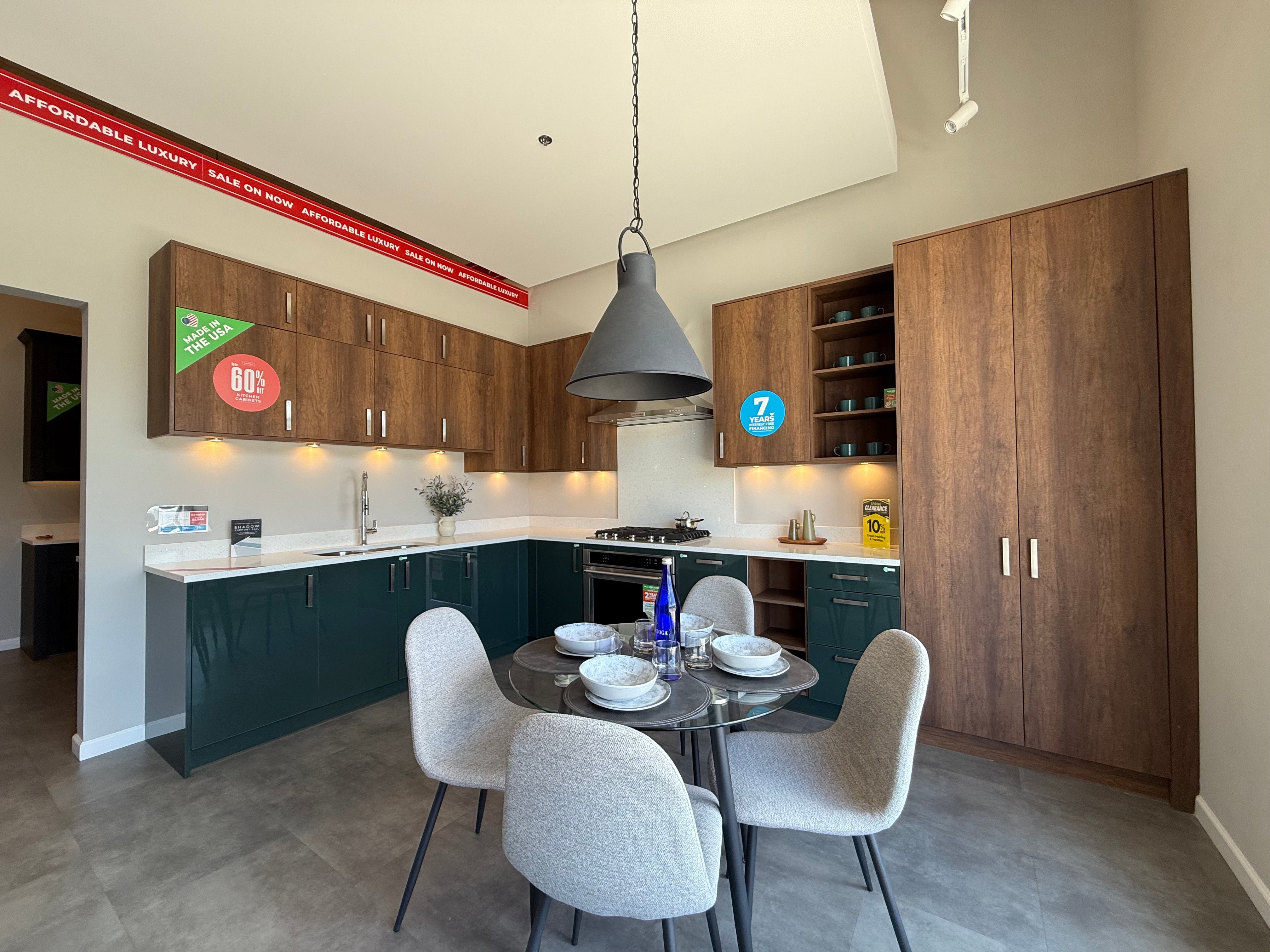 Wren Ultra Eden Green Gloss & Elements Saddle Oak Matte Kitchen