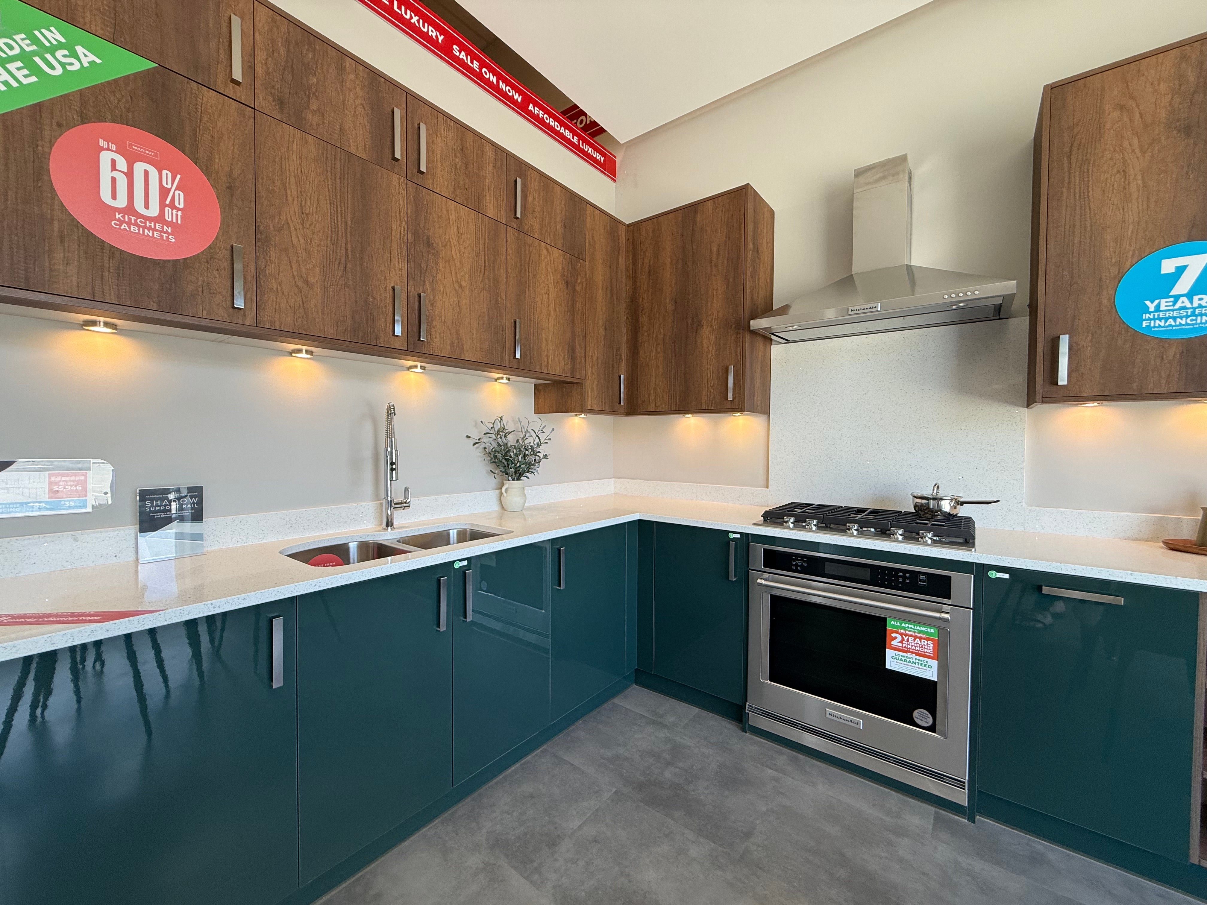 Wren Ultra Eden Green Gloss & Elements Saddle Oak Matte Kitchen