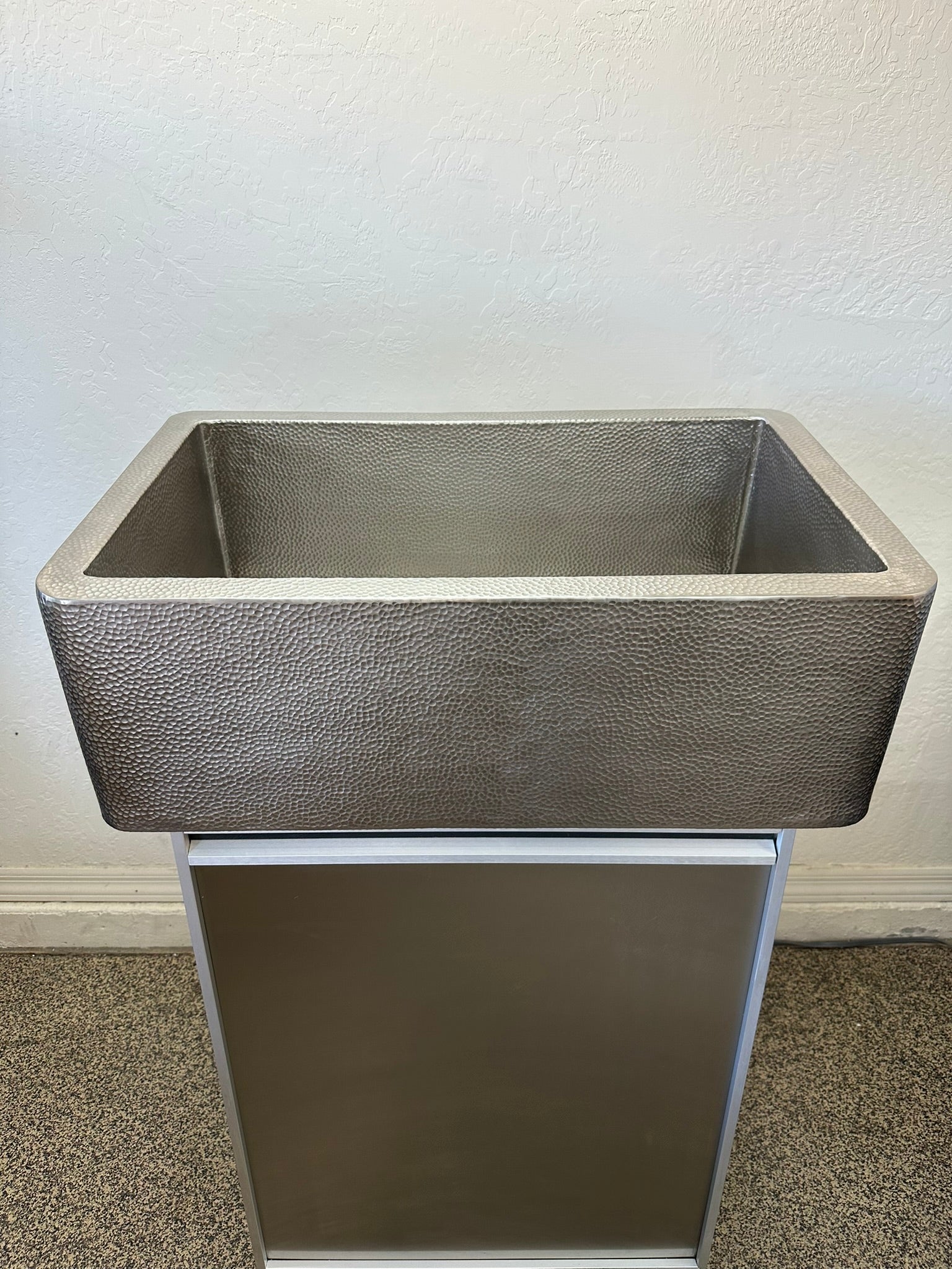 Full front view of Native Trails CPK594 Brushed Nickel farmhouse sink on white background.