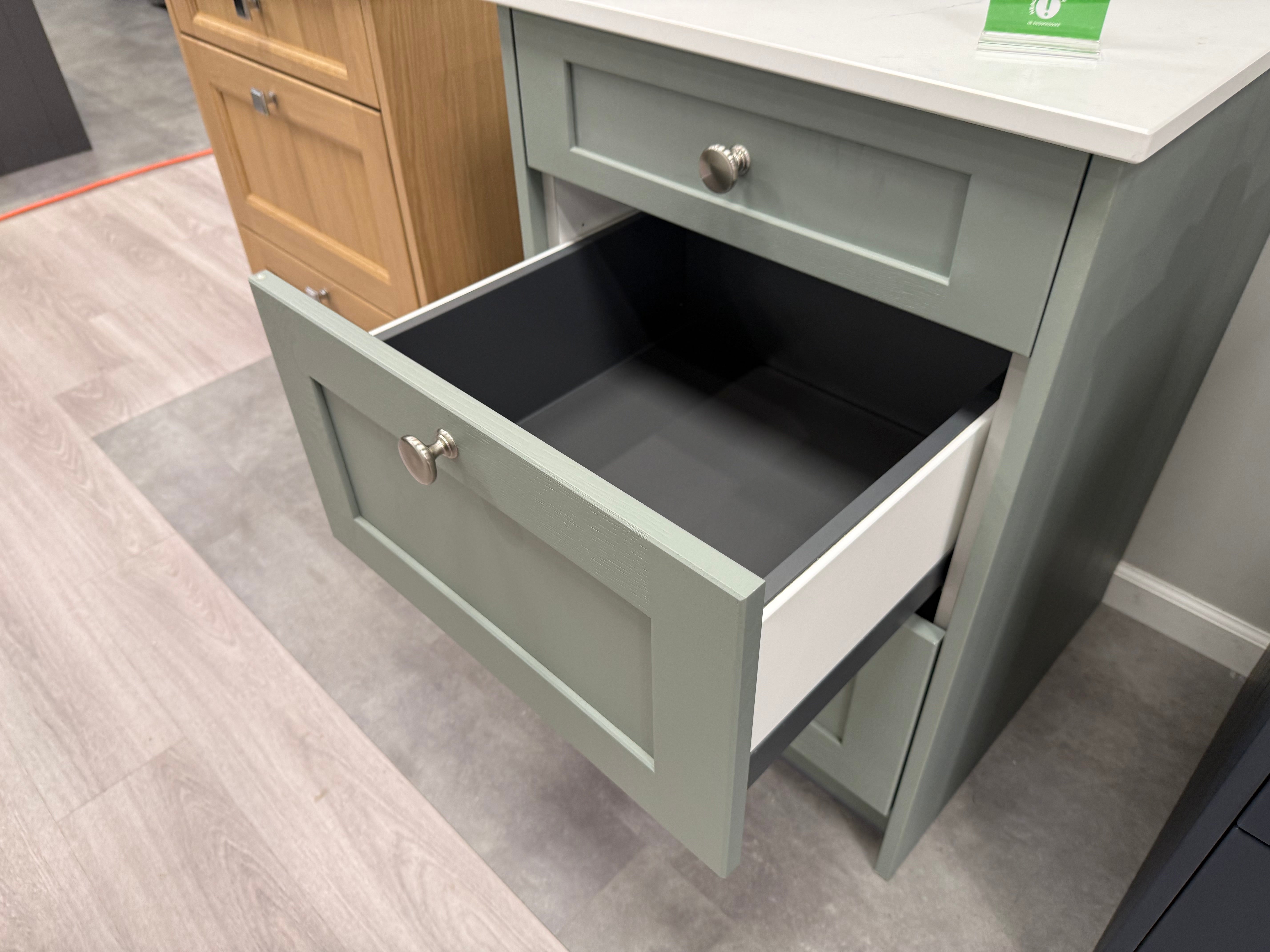 Shaker Timber White & Moss Green Base and Upper Cabinets