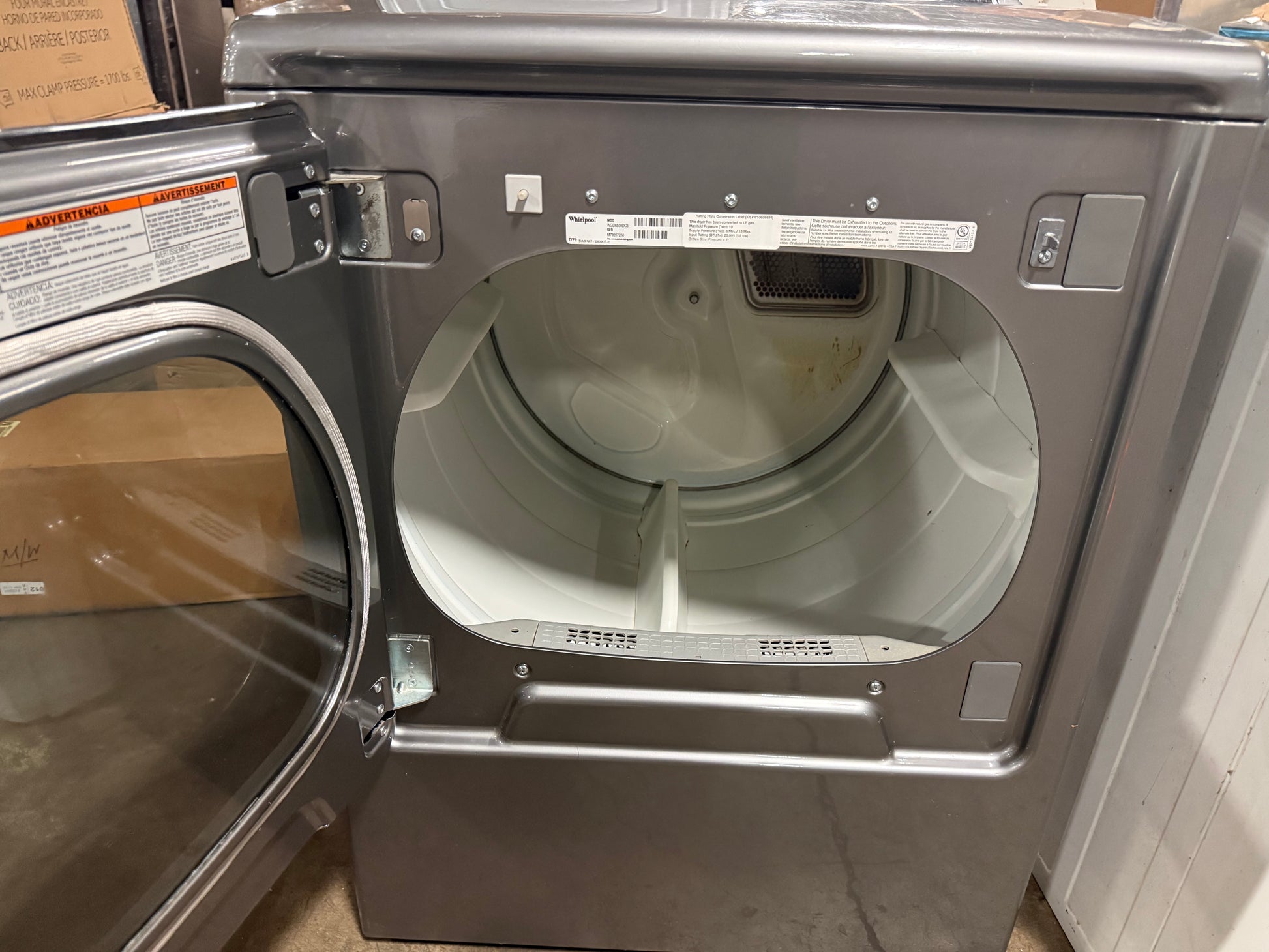 Modern 29 in wide front-control gas clothes dryer in chrome shadow finish