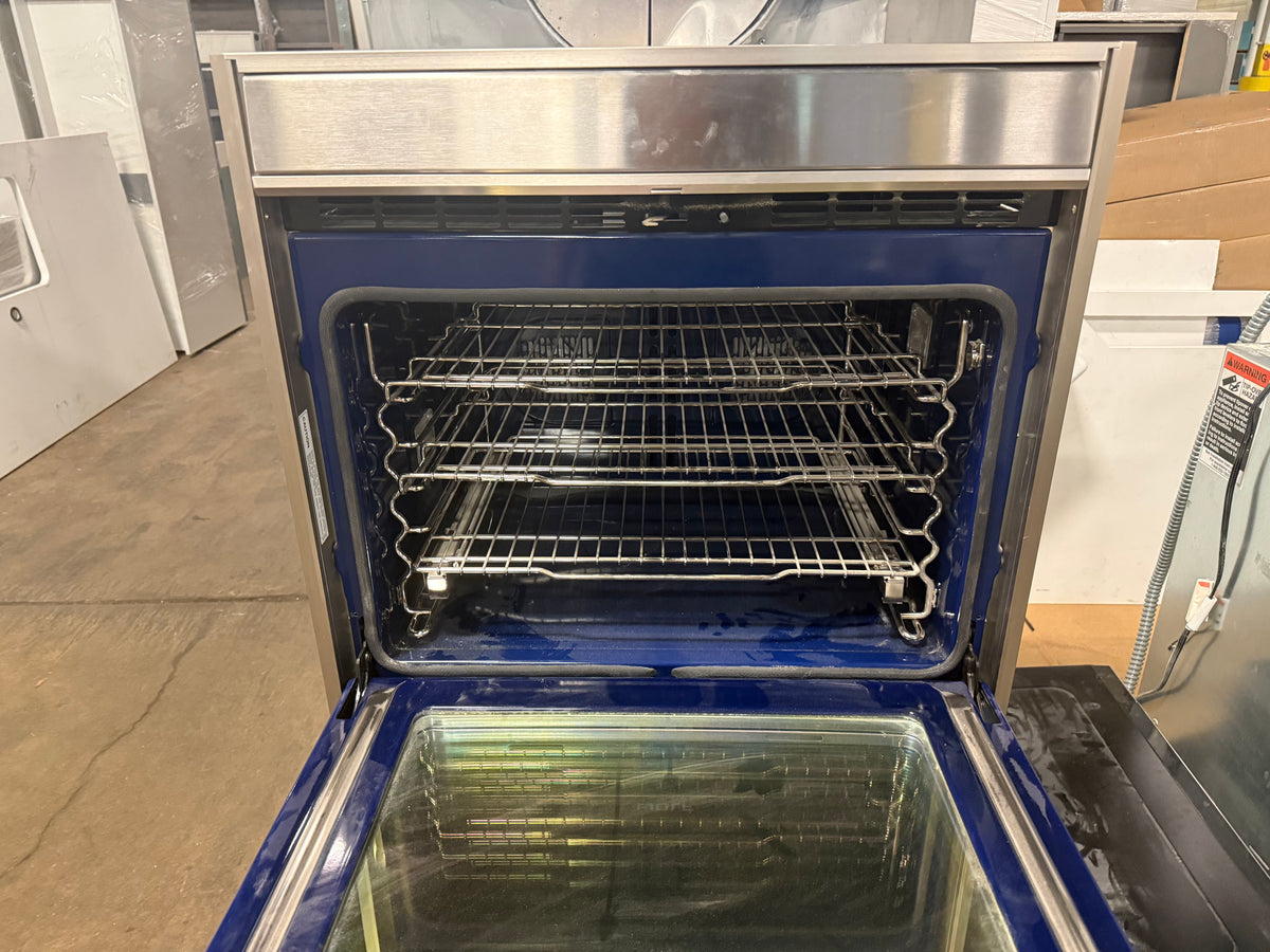 Interior view of Wolf DO30FS showing cobalt blue porcelain cavity and convection fans