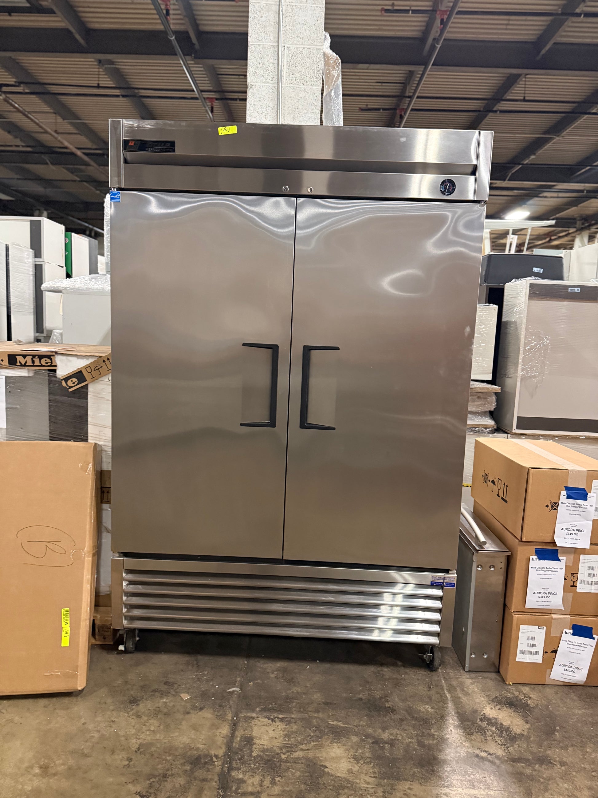 Stainless steel True commercial two-door refrigerator with bottom-mounted compressor
