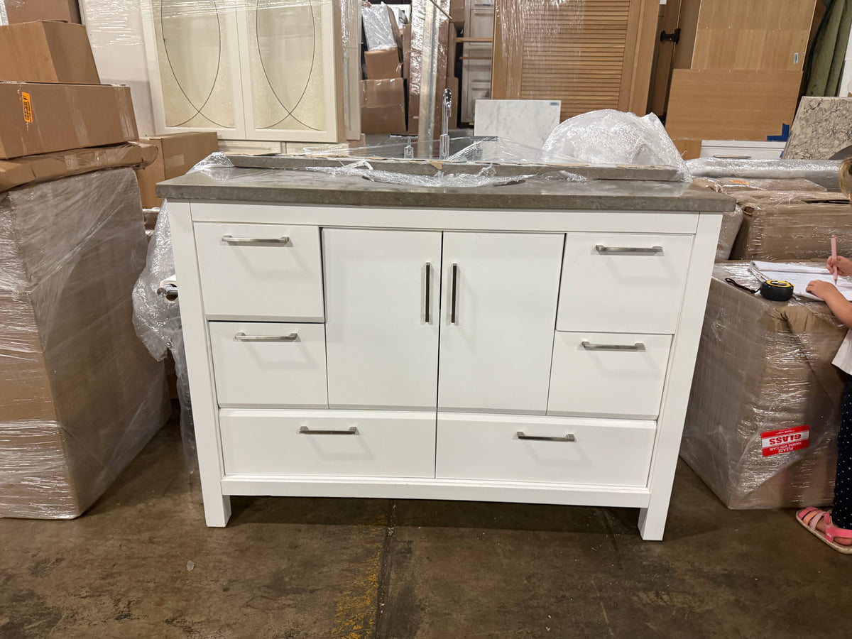 High-end architectural white bathroom sink base with transitional millwork