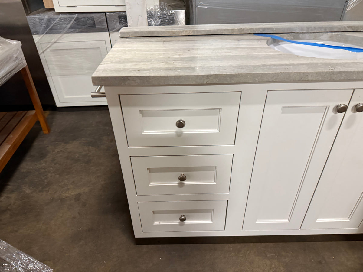 large wood vanity cabinet open drawer and hardware close up